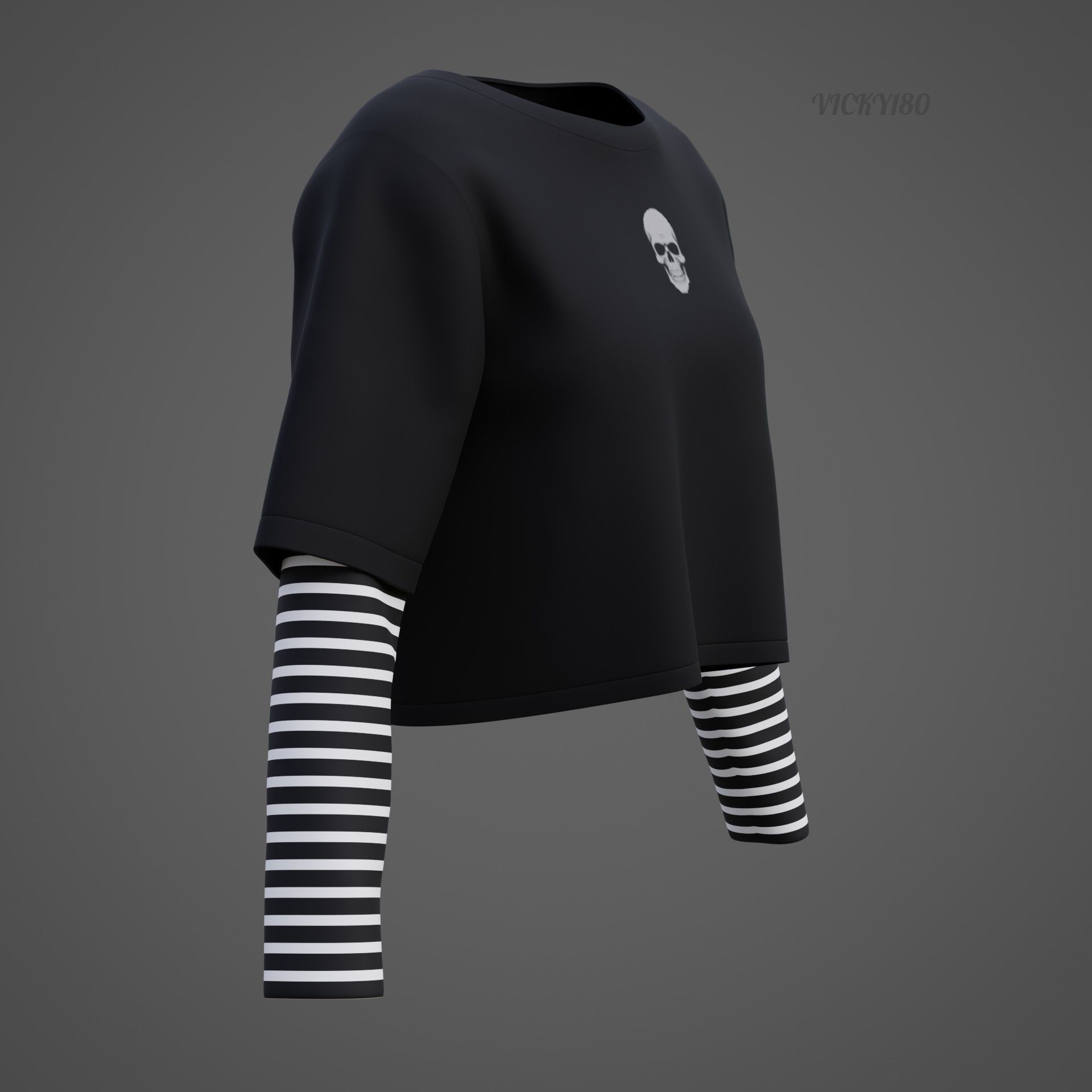 Y2K Grunge Crop top - Goth Stripes Long Sleeve 2piece punk shirt Low-poly 3D model_28