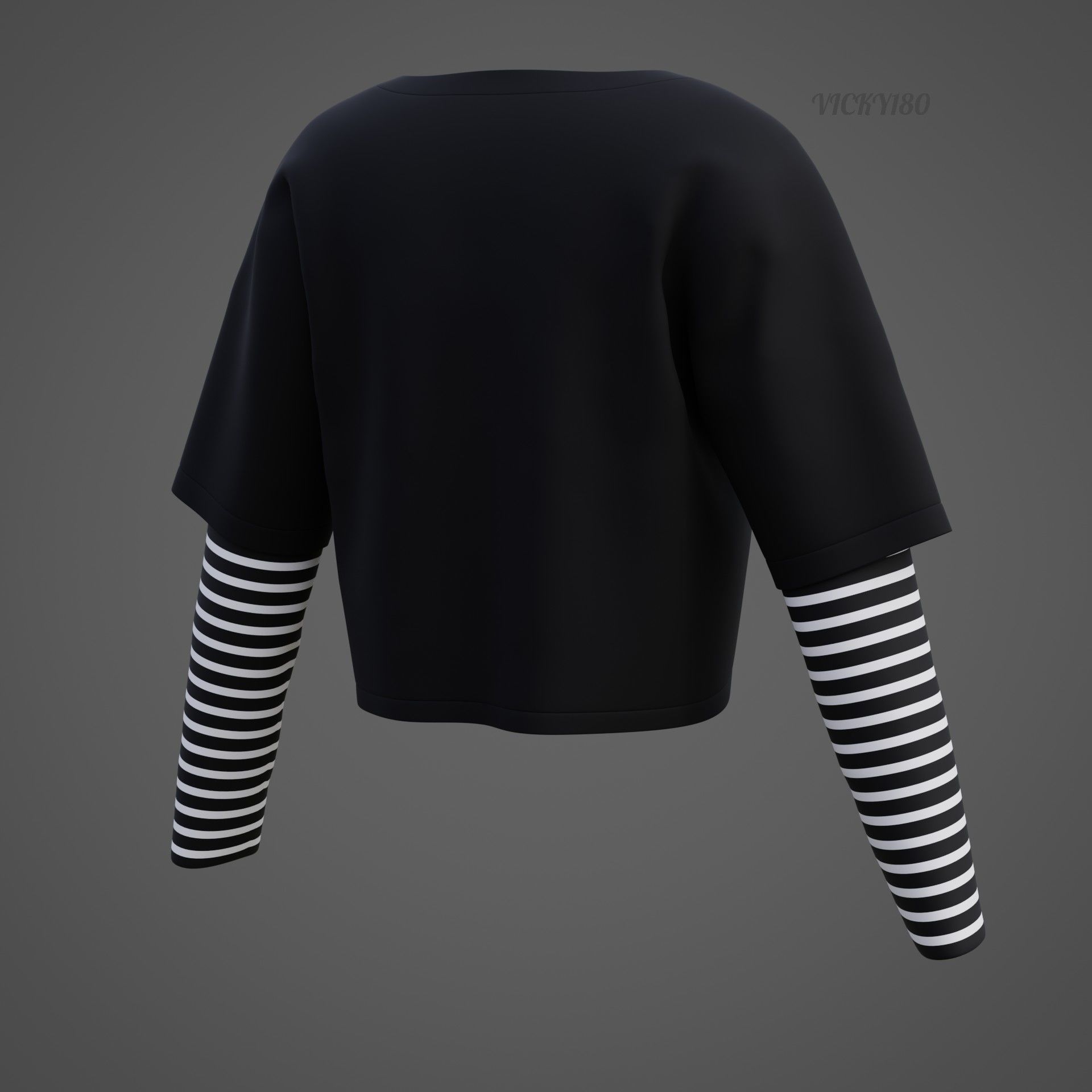 Y2K Grunge Crop top - Goth Stripes Long Sleeve 2piece punk shirt Low-poly 3D model_30