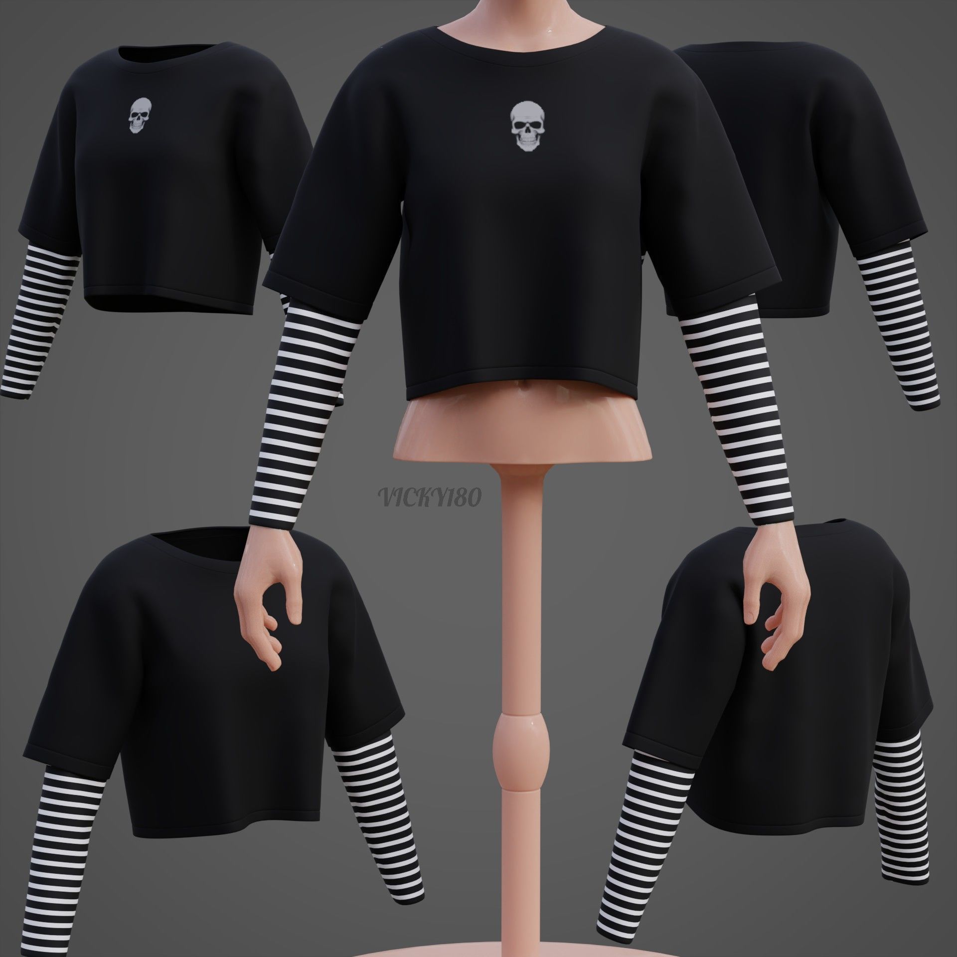 Y2K Grunge Crop top - Goth Stripes Long Sleeve 2piece punk shirt Low-poly 3D model_35