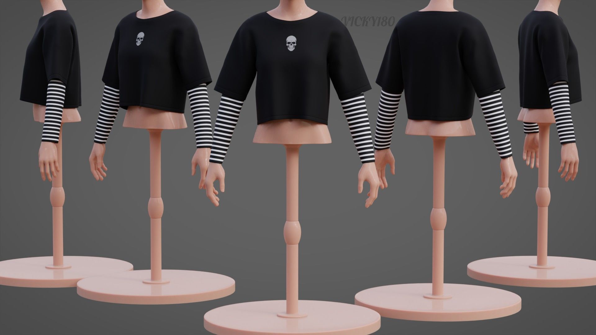 Y2K Grunge Crop top - Goth Stripes Long Sleeve 2piece punk shirt Low-poly 3D model_37