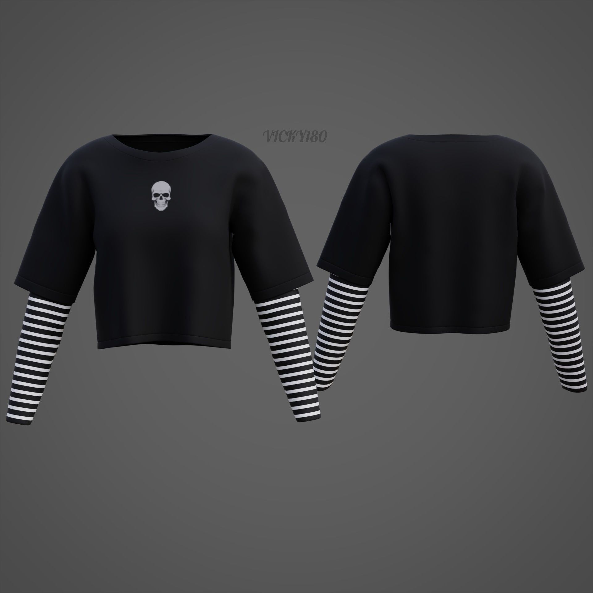 Y2K Grunge Crop top - Goth Stripes Long Sleeve 2piece punk shirt Low-poly 3D model_9