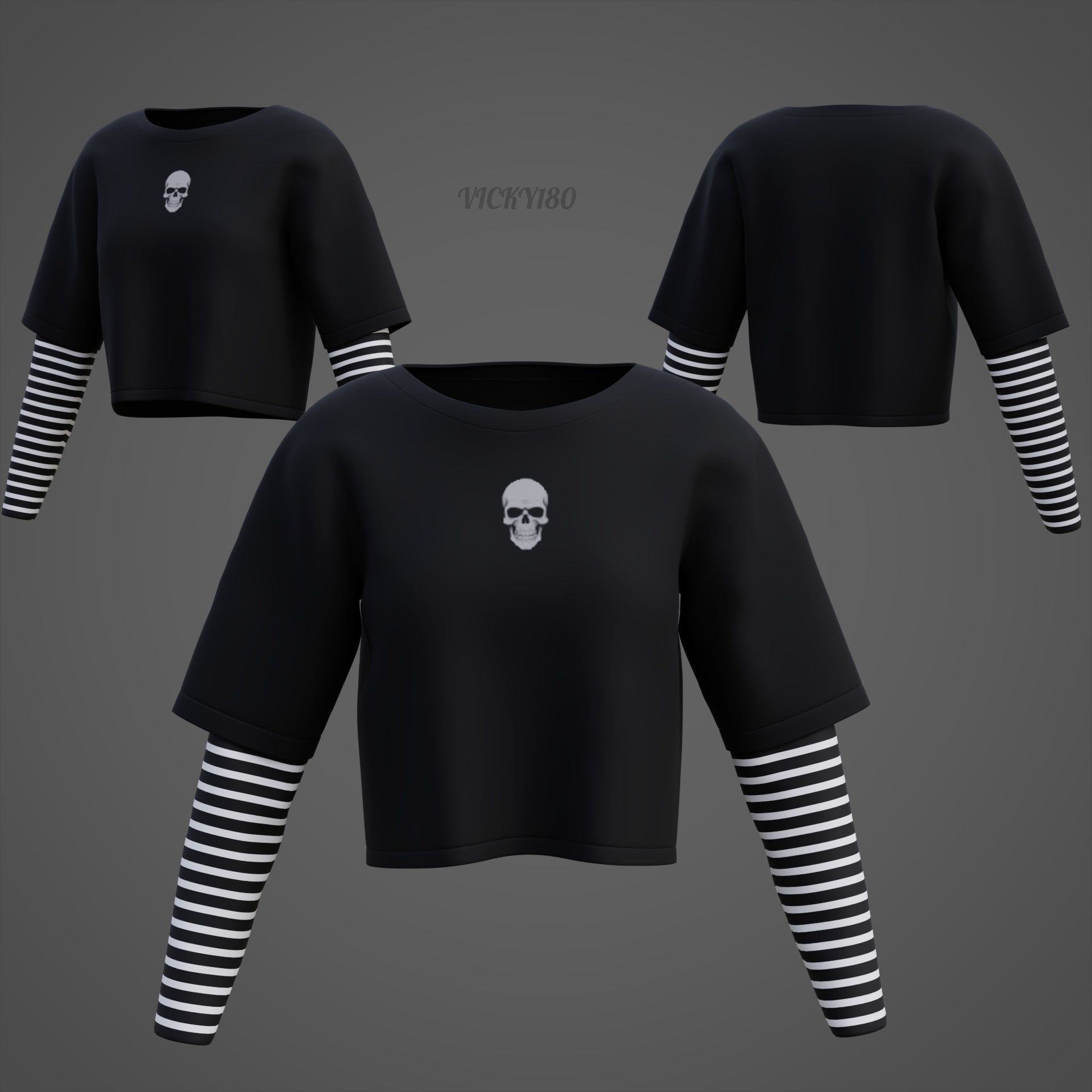 Y2K Grunge Crop top - Goth Stripes Long Sleeve 2piece punk shirt Low-poly 3D model_7