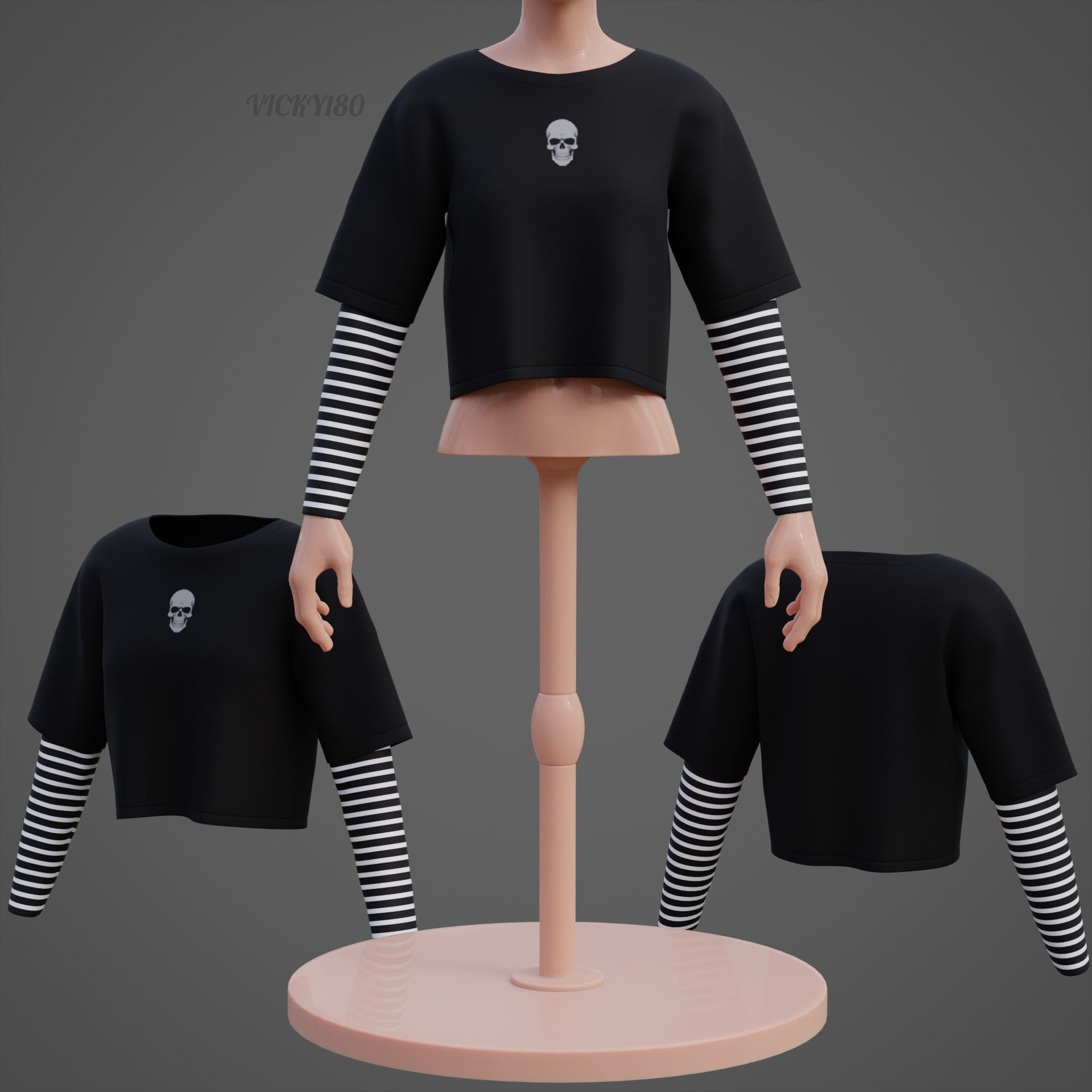 Y2K Grunge Crop top - Goth Stripes Long Sleeve 2piece punk shirt Low-poly 3D model_23