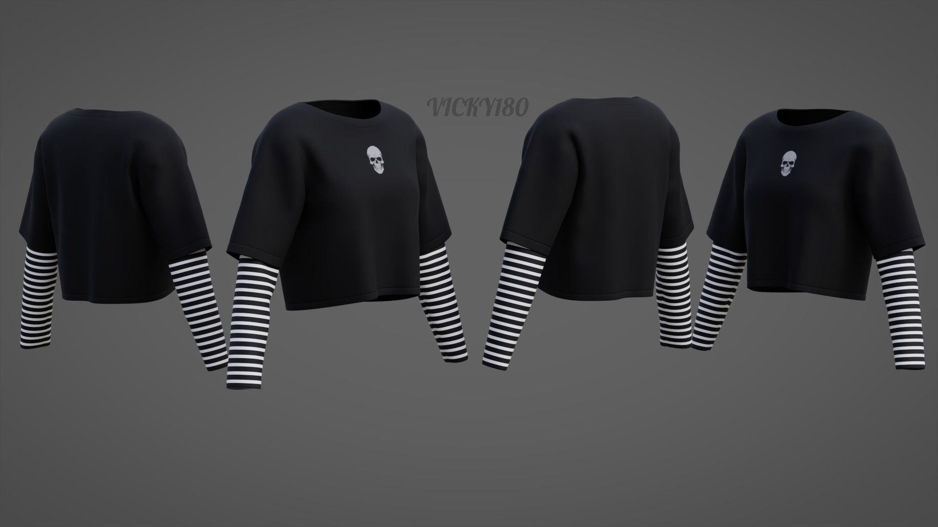 Y2K Grunge Crop top - Goth Stripes Long Sleeve 2piece punk shirt Low-poly 3D model_2