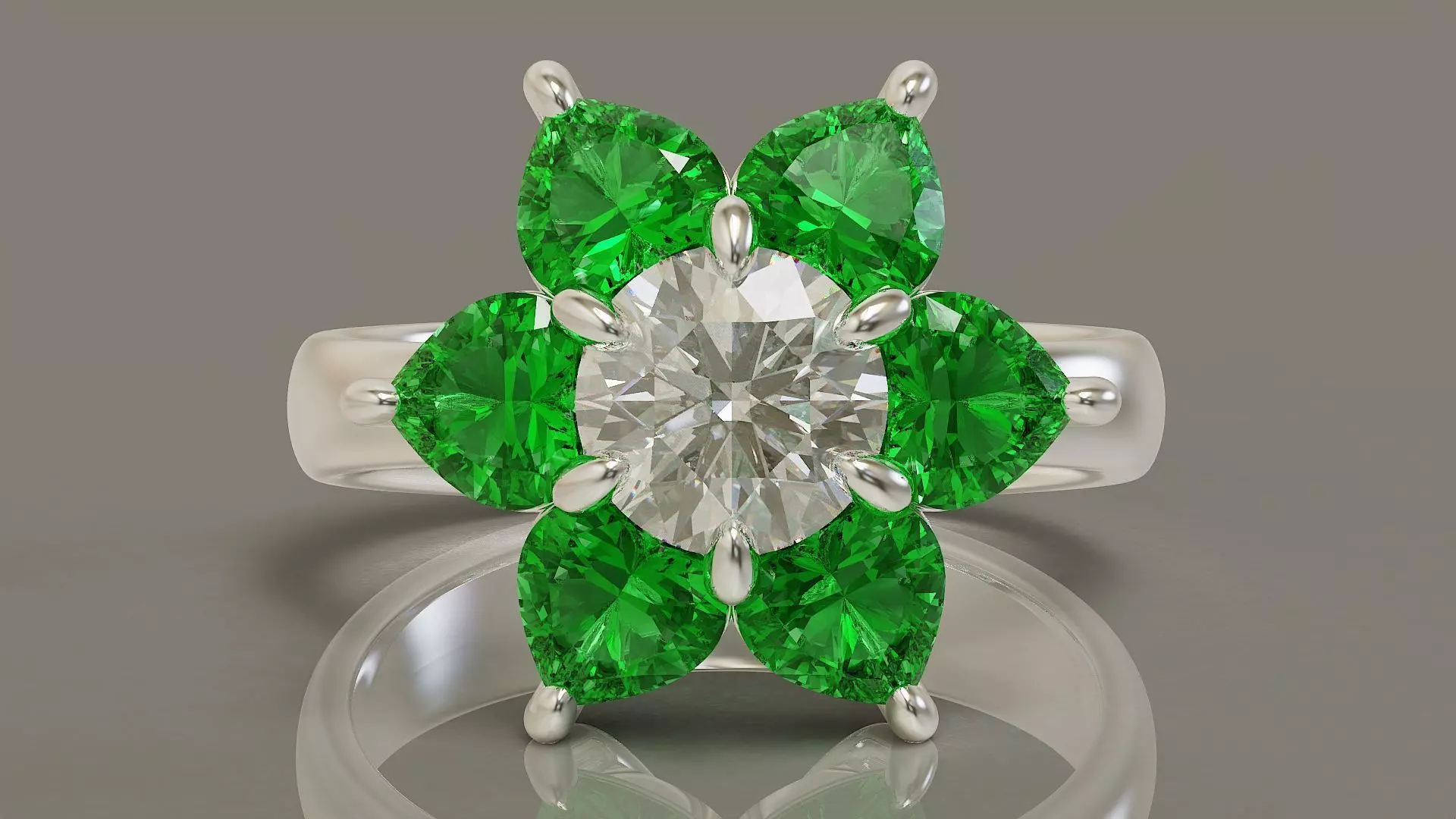 Heart and round shape diamond flower ring 3D print model_0