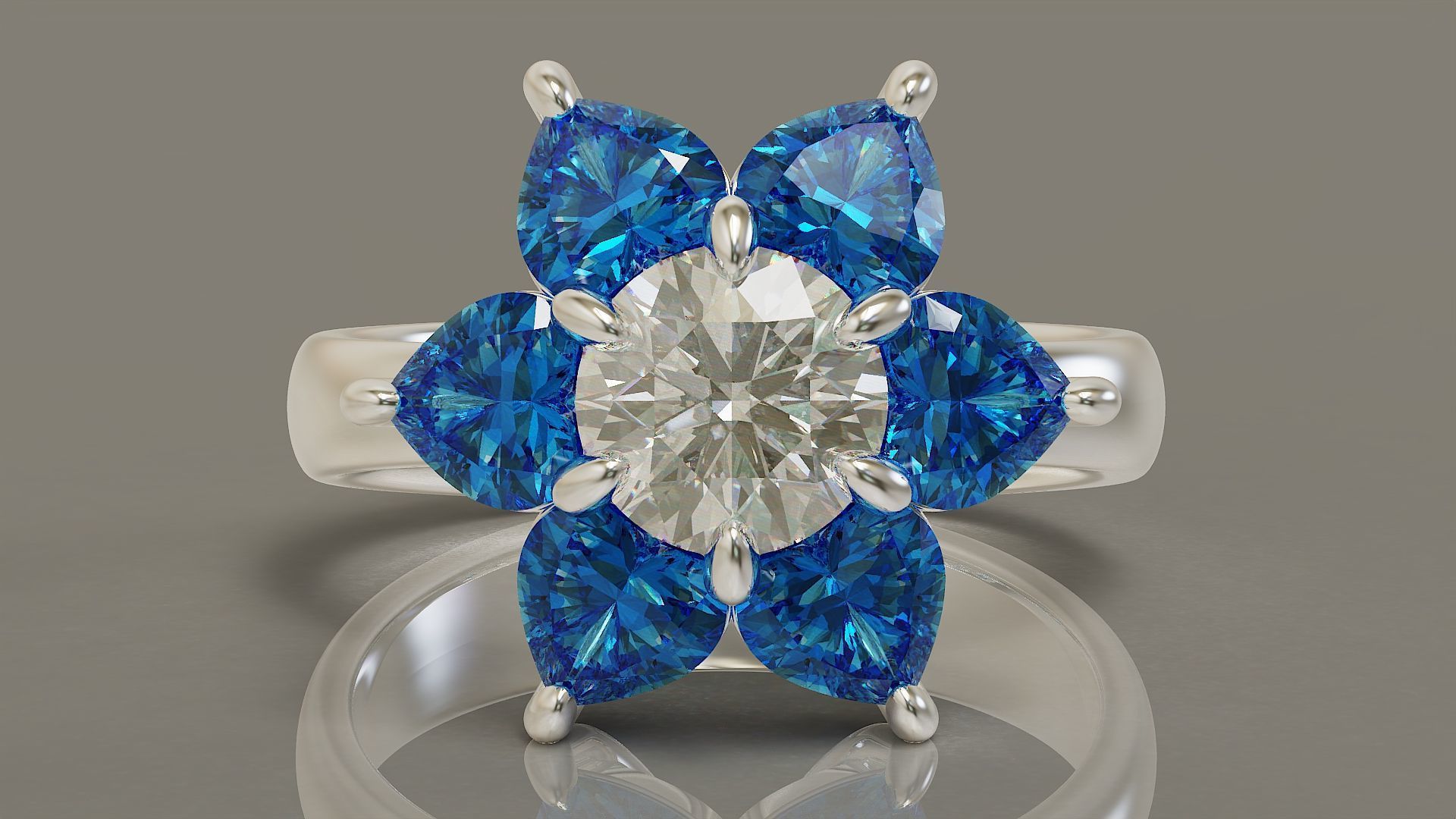 Heart and round shape diamond flower ring 3D print model_1