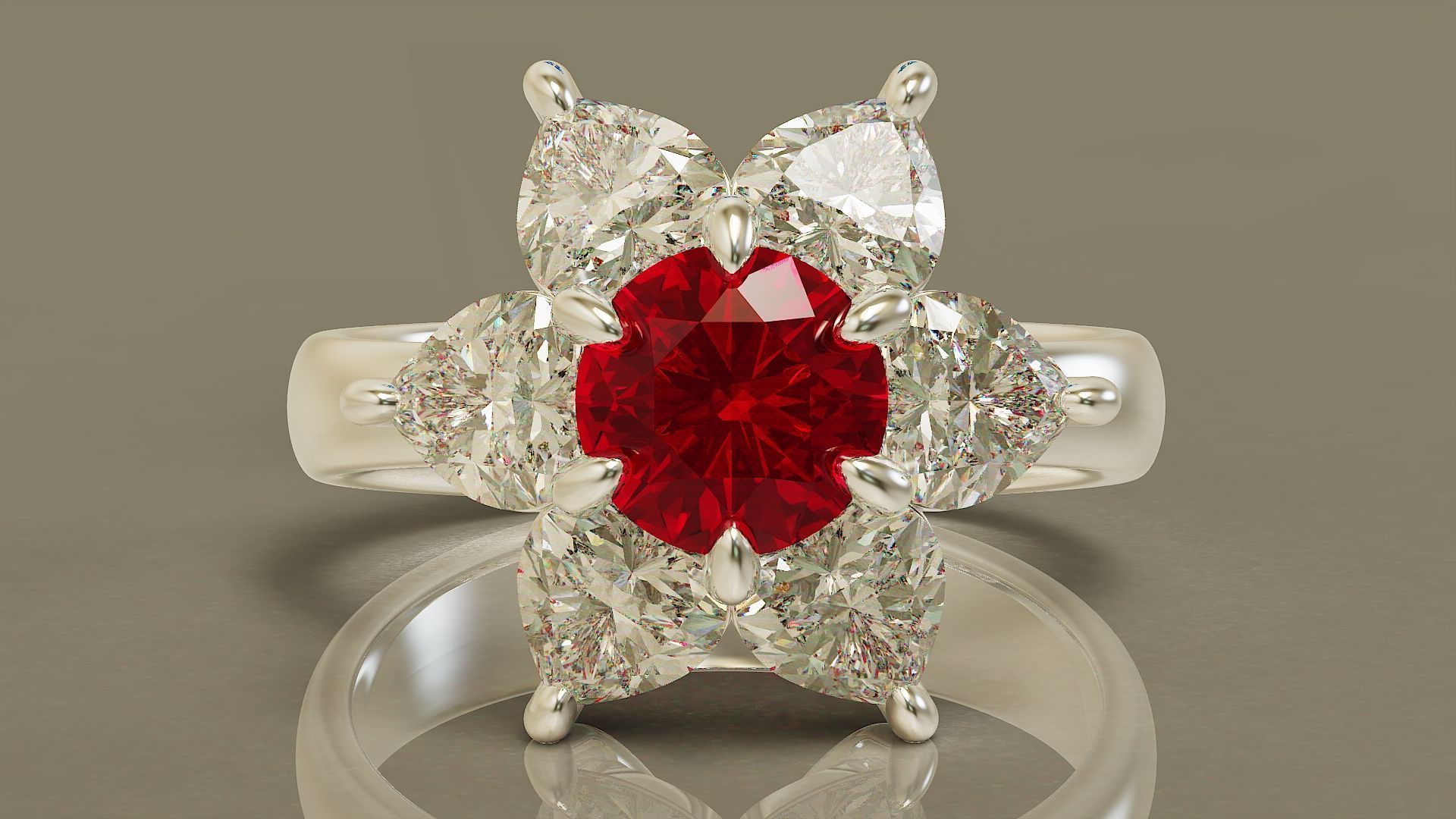 Heart and round shape diamond flower ring 3D print model_5