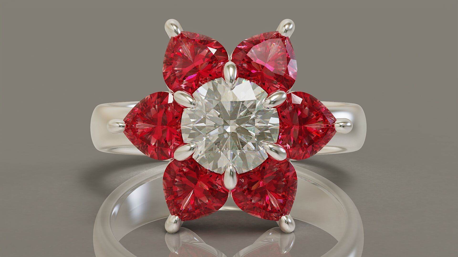 Heart and round shape diamond flower ring 3D print model_2