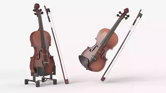 Violin music instrument with Bow and stand 3D model