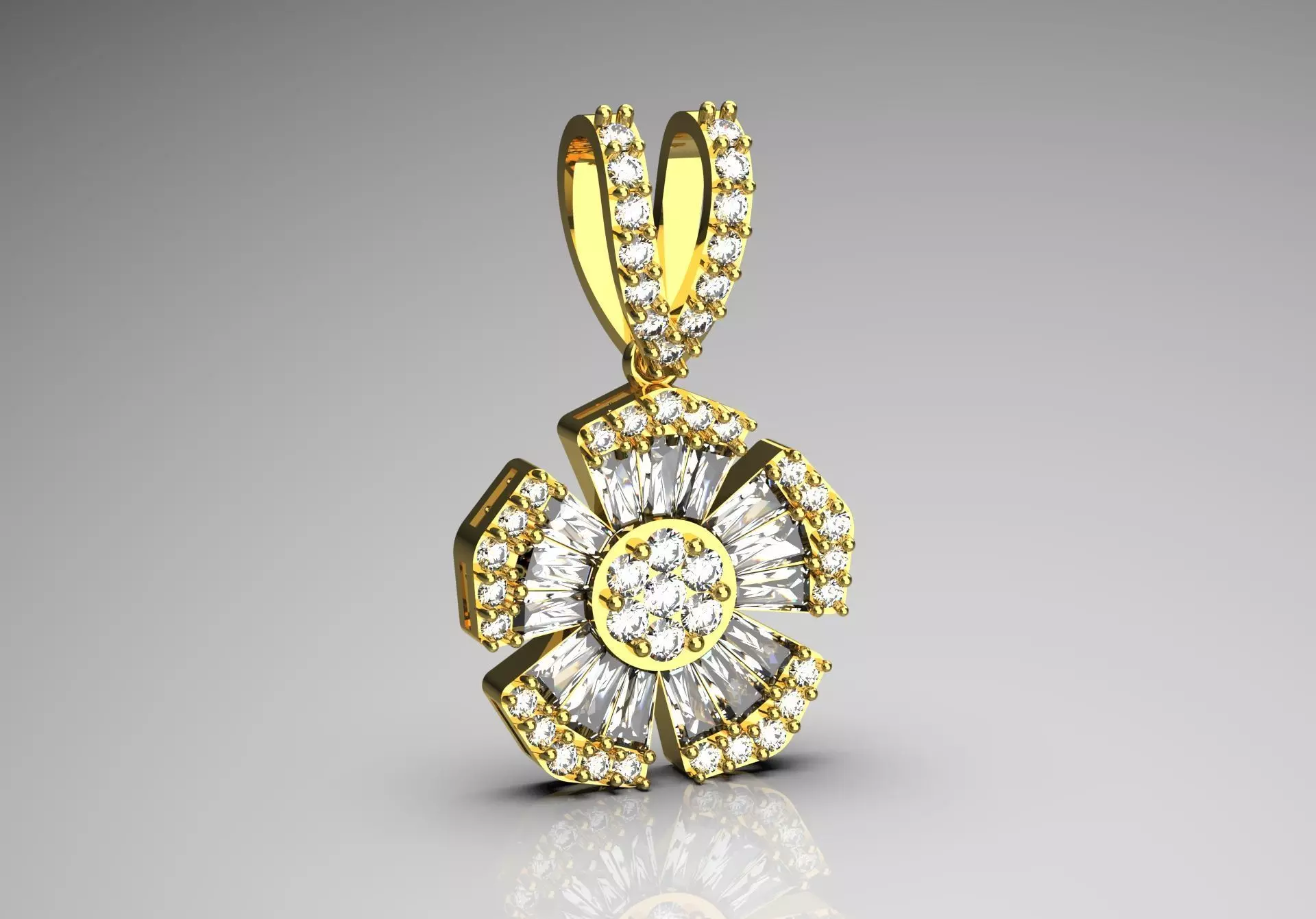 Flower design pendant with baguette round diamonds model jp0142 3D print model