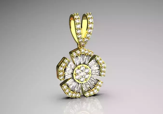 Flower design pendant with baguette round diamonds model jp0142