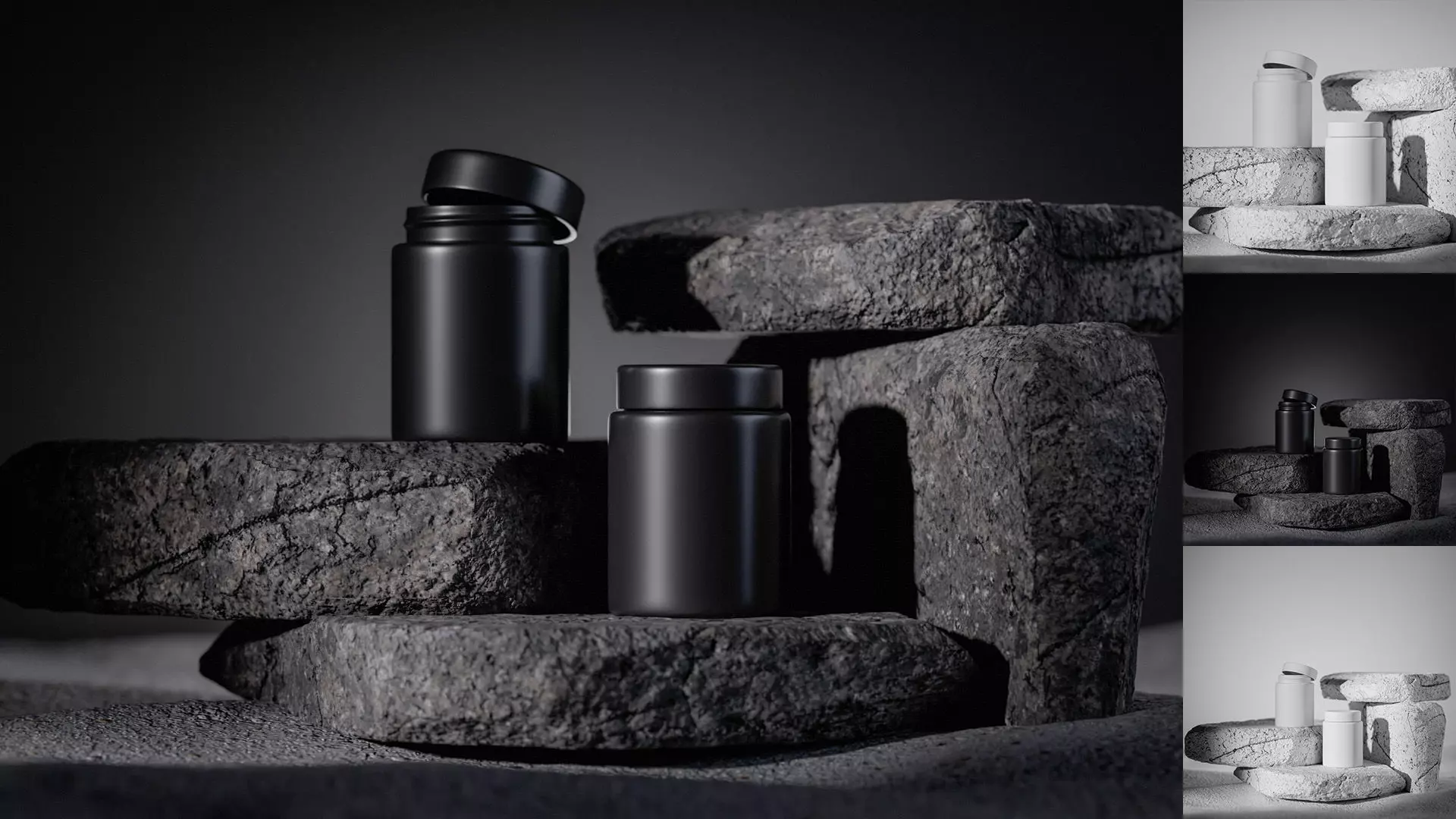 Two black containers on stone surface 3D model_0