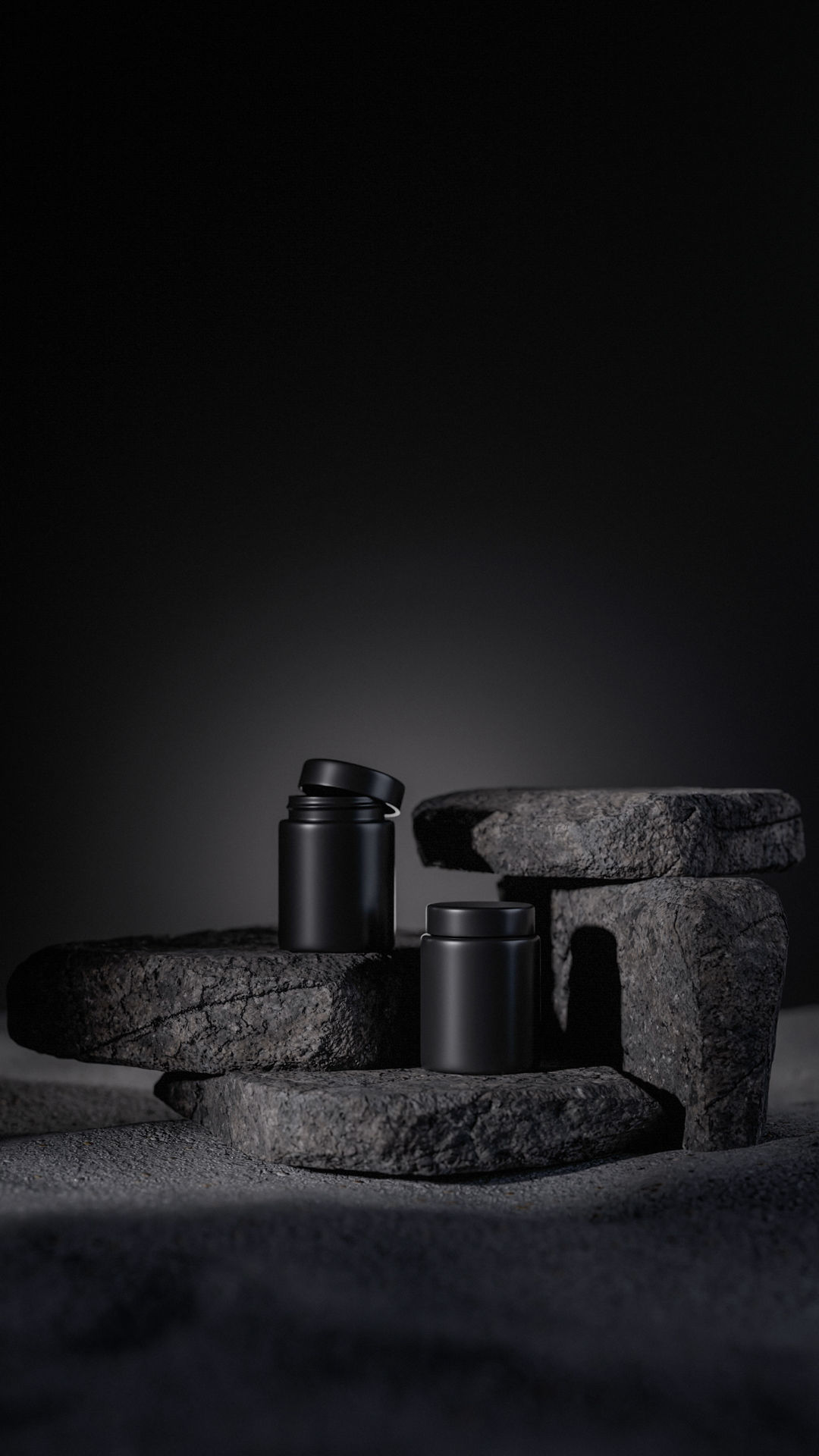 Two black containers on stone surface 3D model_5