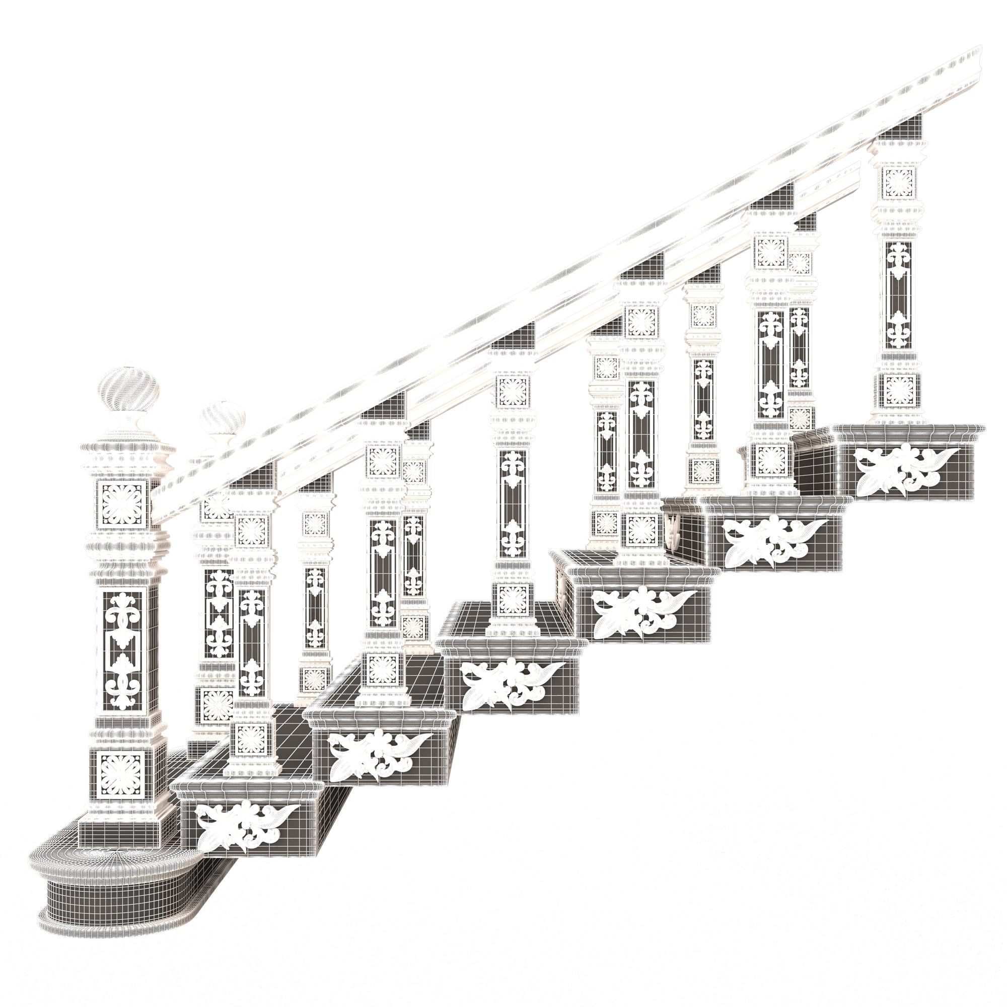 Carved Stair 02 White Low-poly 3D model_6