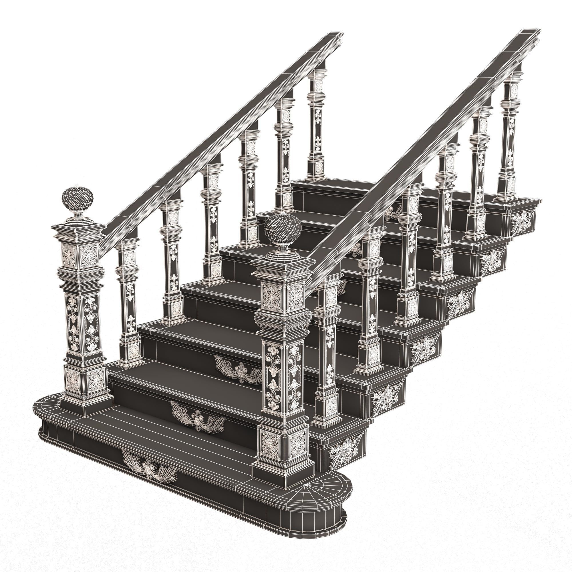Carved Stair 02 White Low-poly 3D model_16