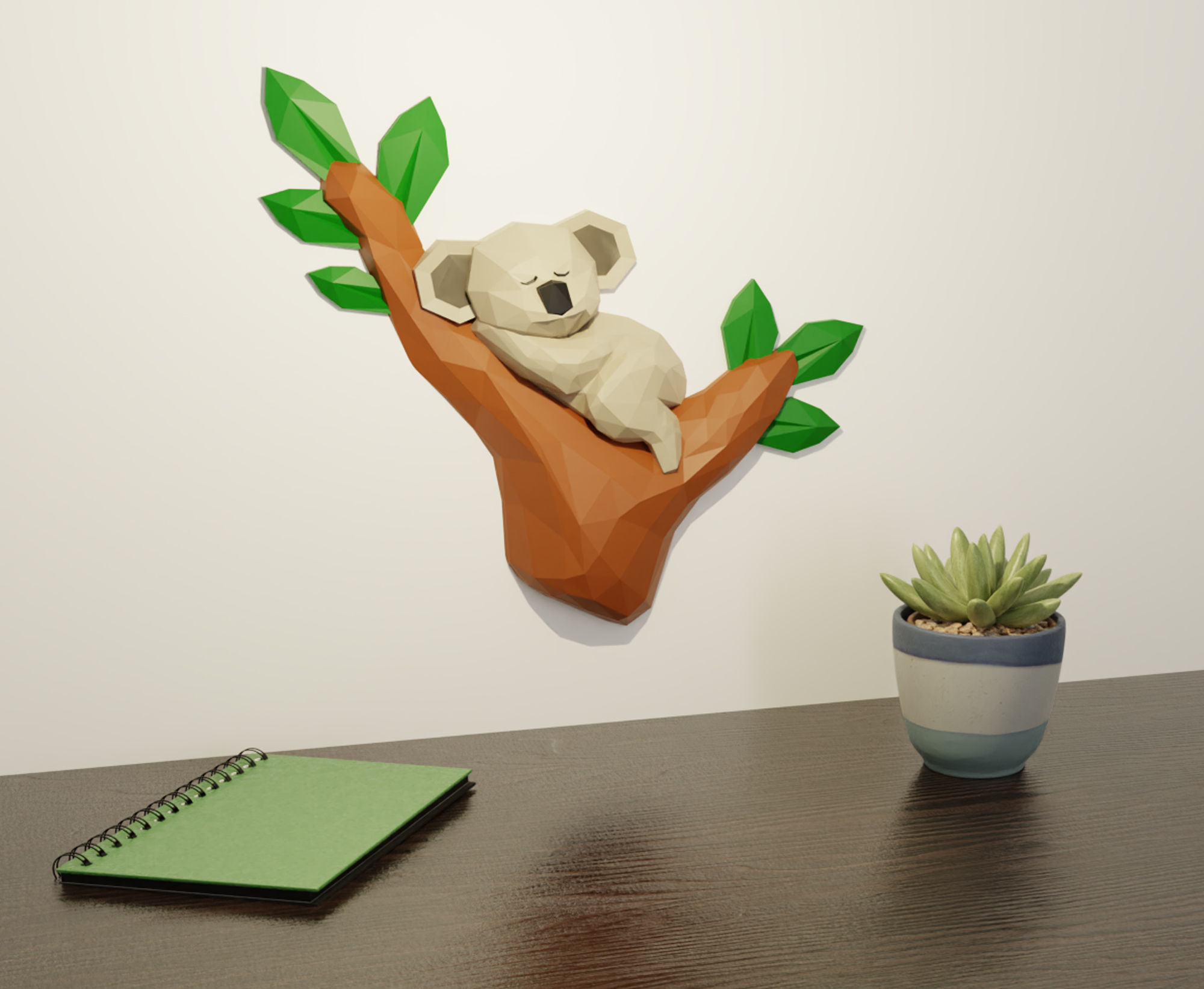 Low Poly Koala Sleeping on a Tree Branch Wall Decor 3D print model_1