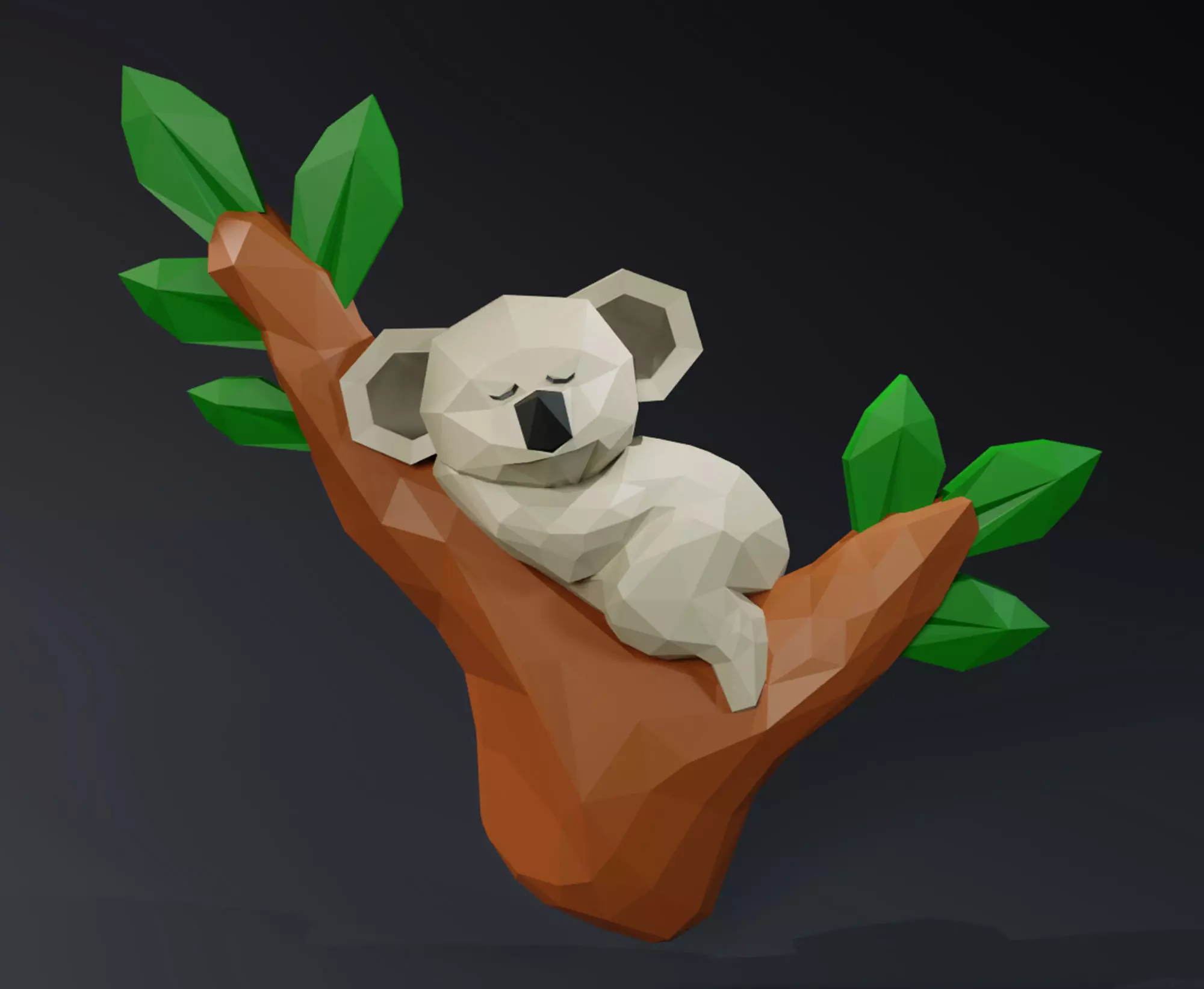 Low Poly Koala Sleeping on a Tree Branch Wall Decor 3D print model_0