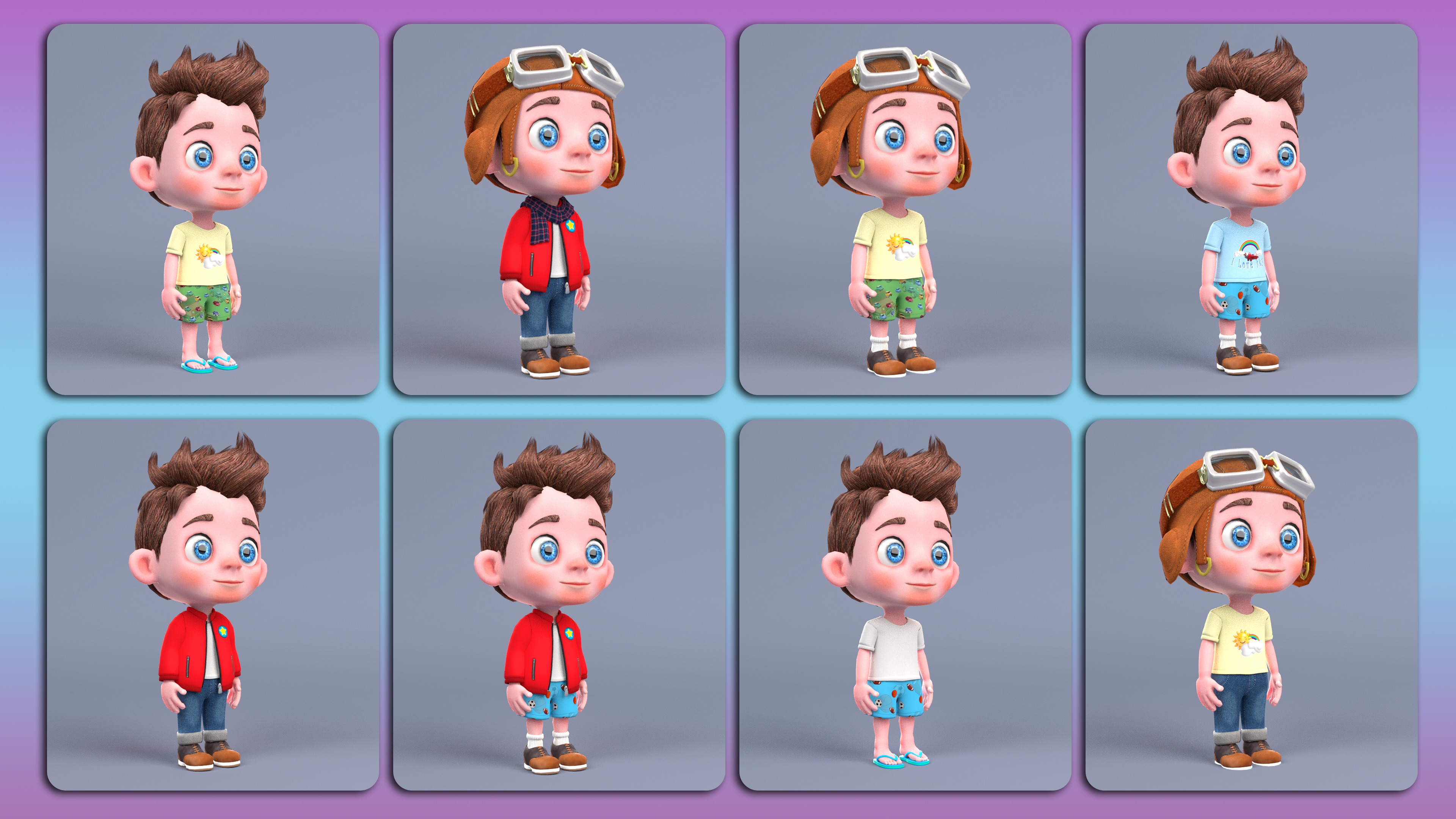 Rigged Low Poly Boy Cartoon character with 20 different outfits 3D model_6
