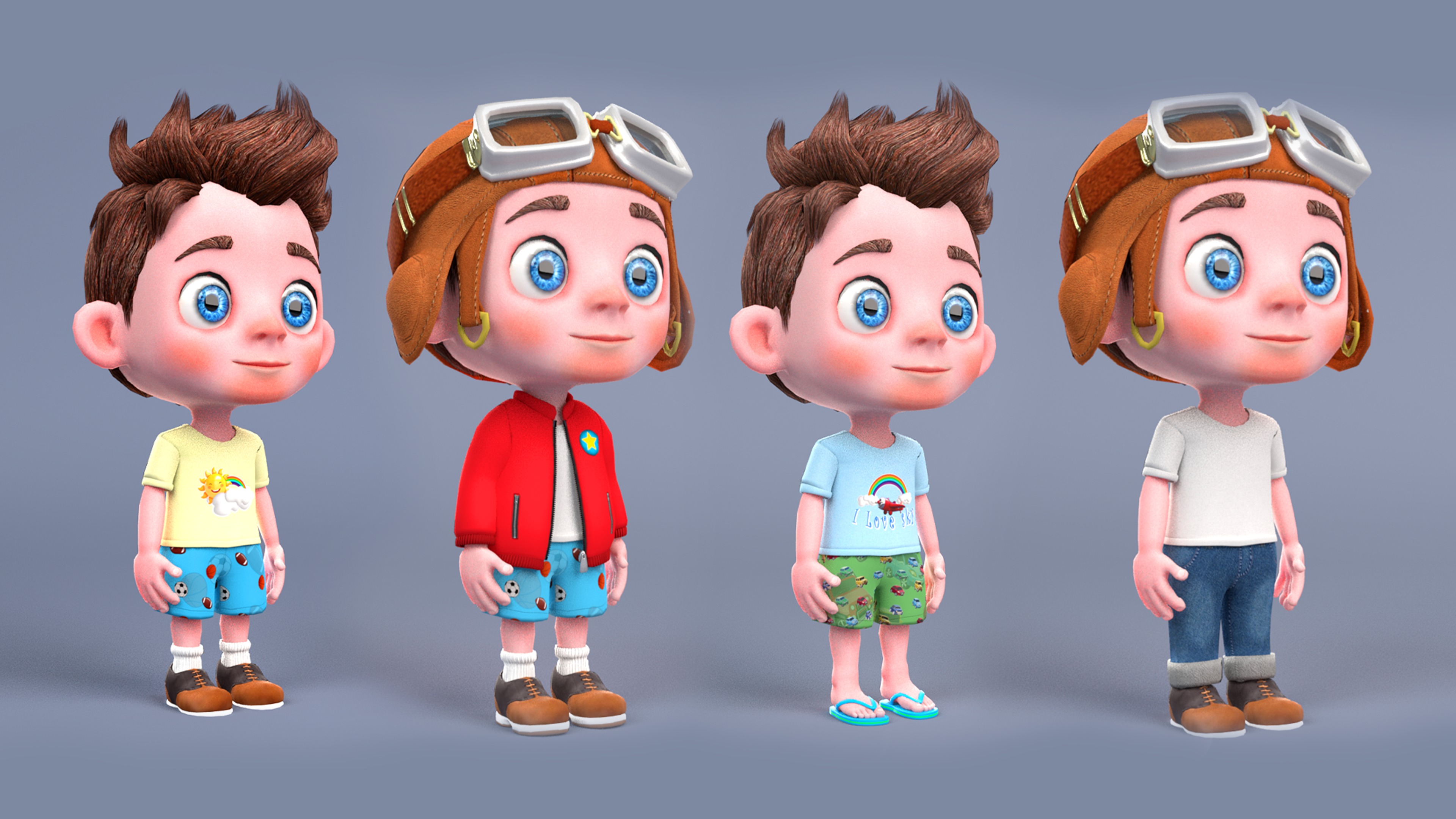 Rigged Low Poly Boy Cartoon character with 20 different outfits 3D model_7