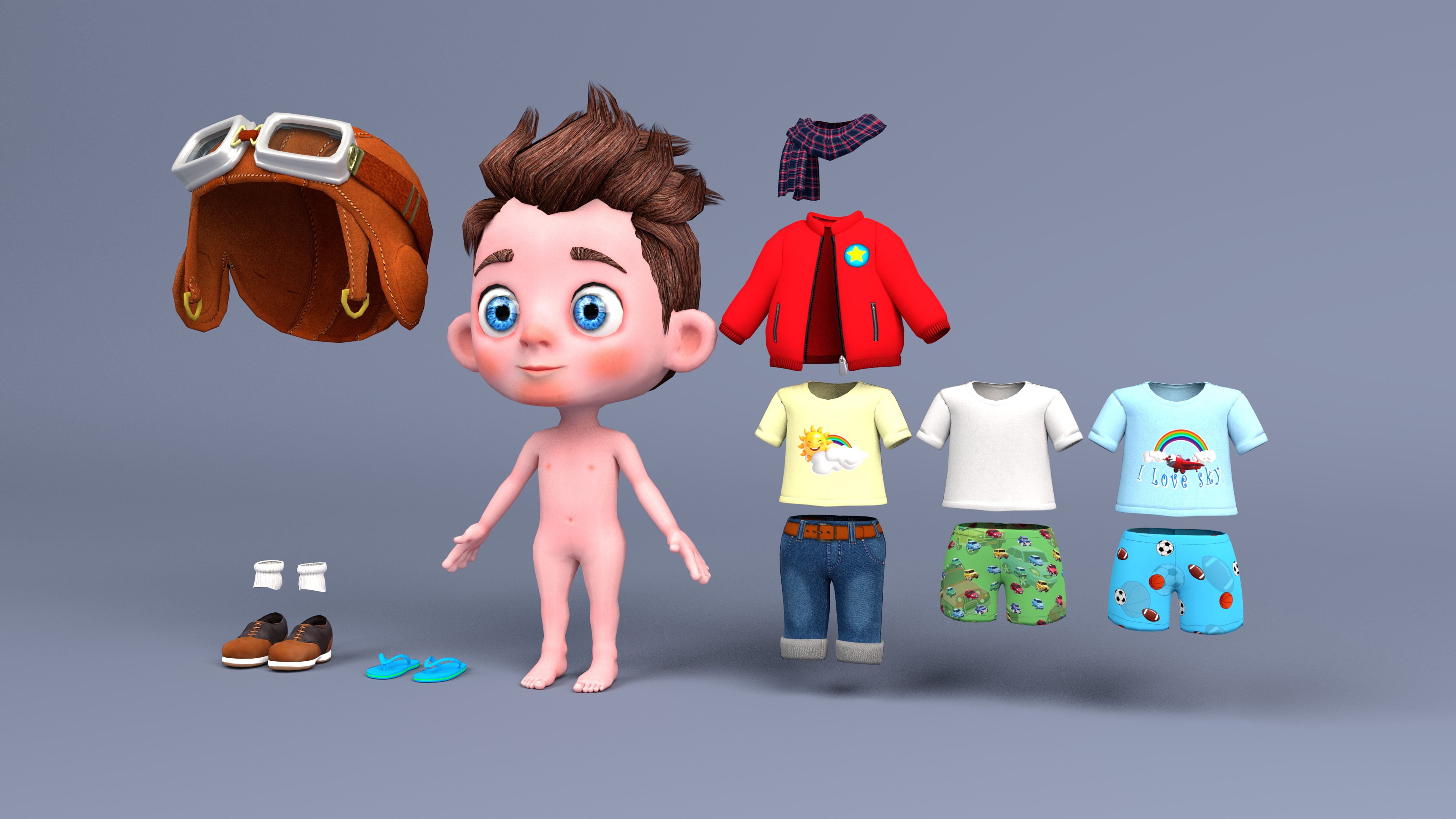 Rigged Low Poly Boy Cartoon character with 20 different outfits 3D model_8