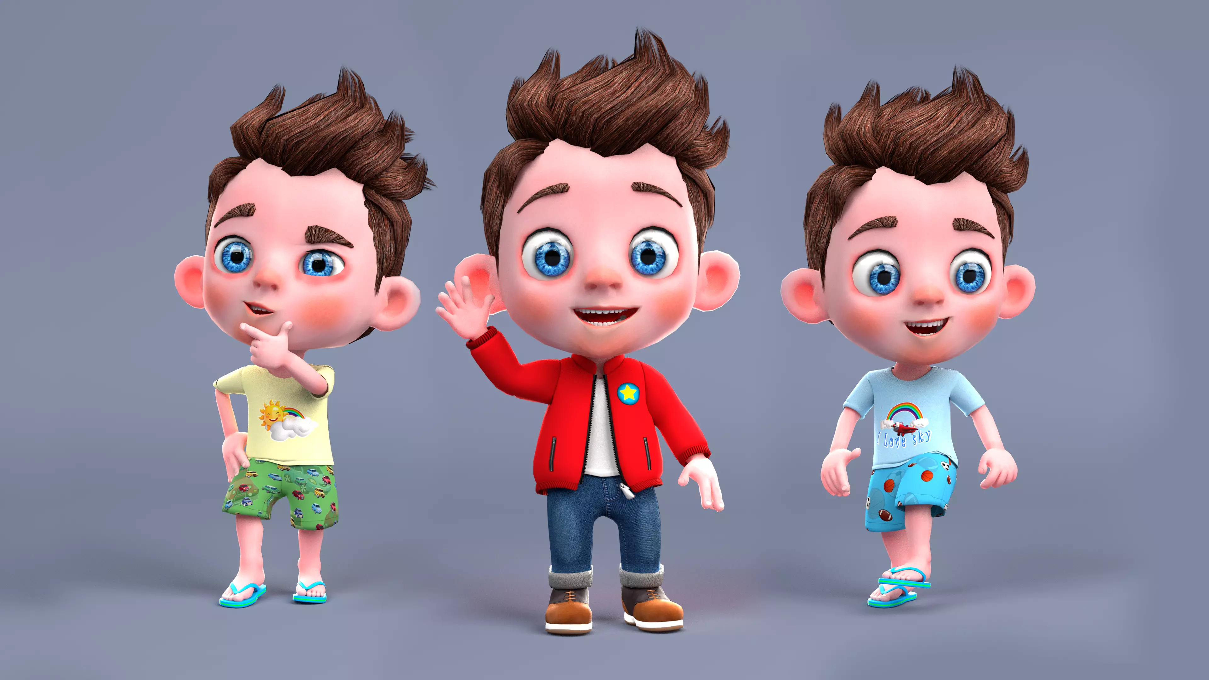 Rigged Low Poly Boy Cartoon character with 20 different outfits 3D model_0