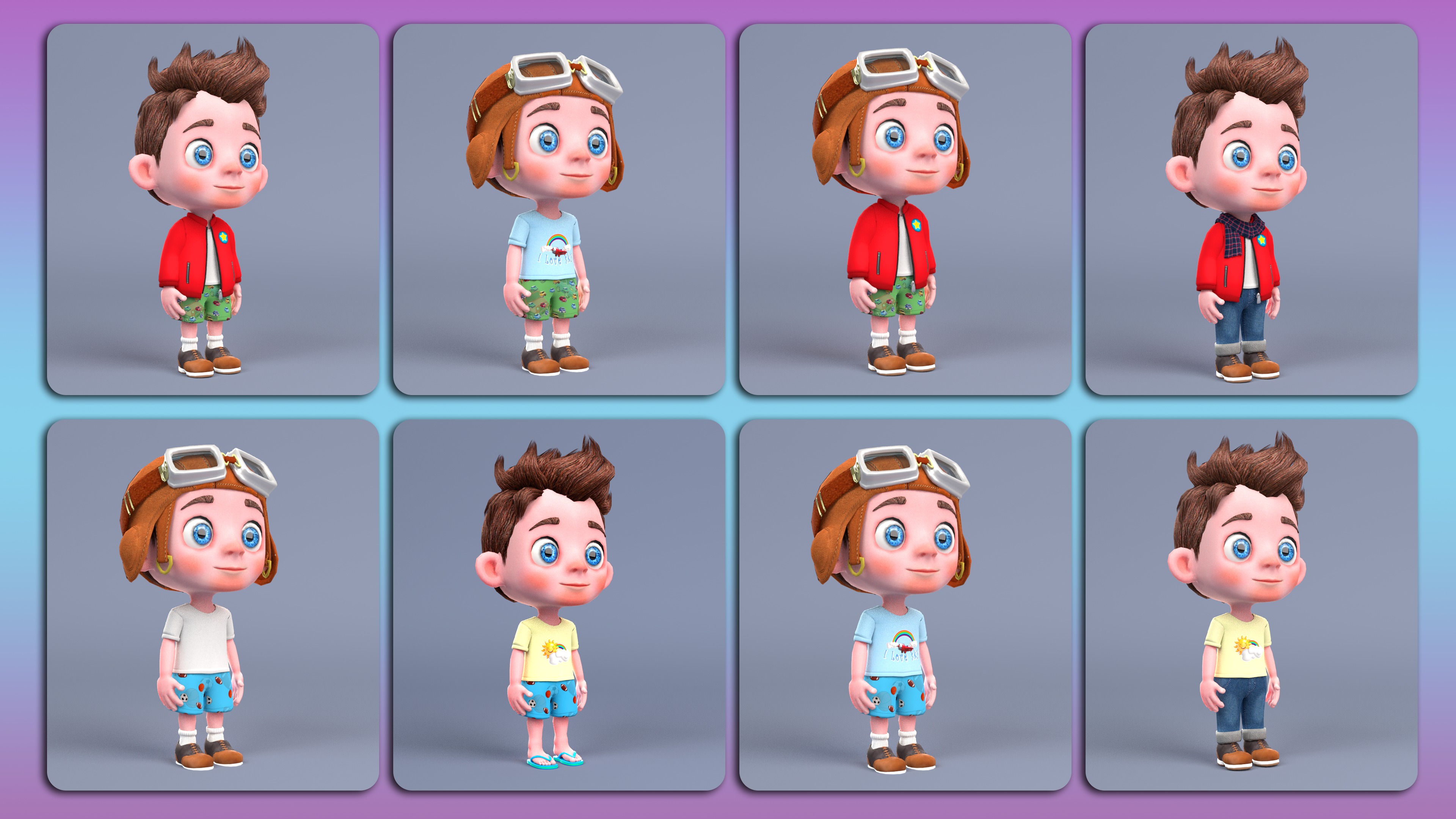 Rigged Low Poly Boy Cartoon character with 20 different outfits 3D model_5
