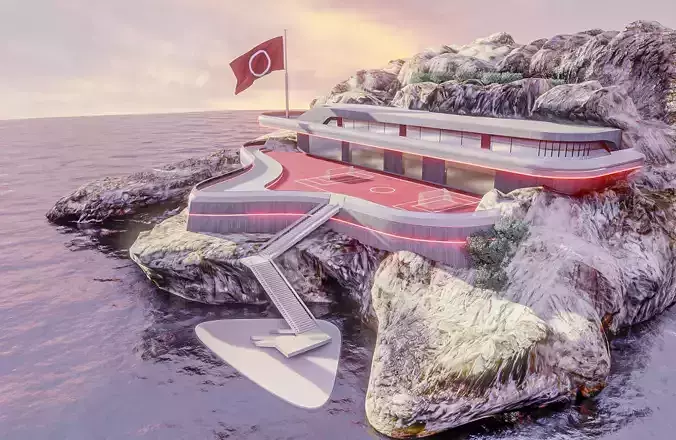 Modern Build futuristic Exterior island rock 3D