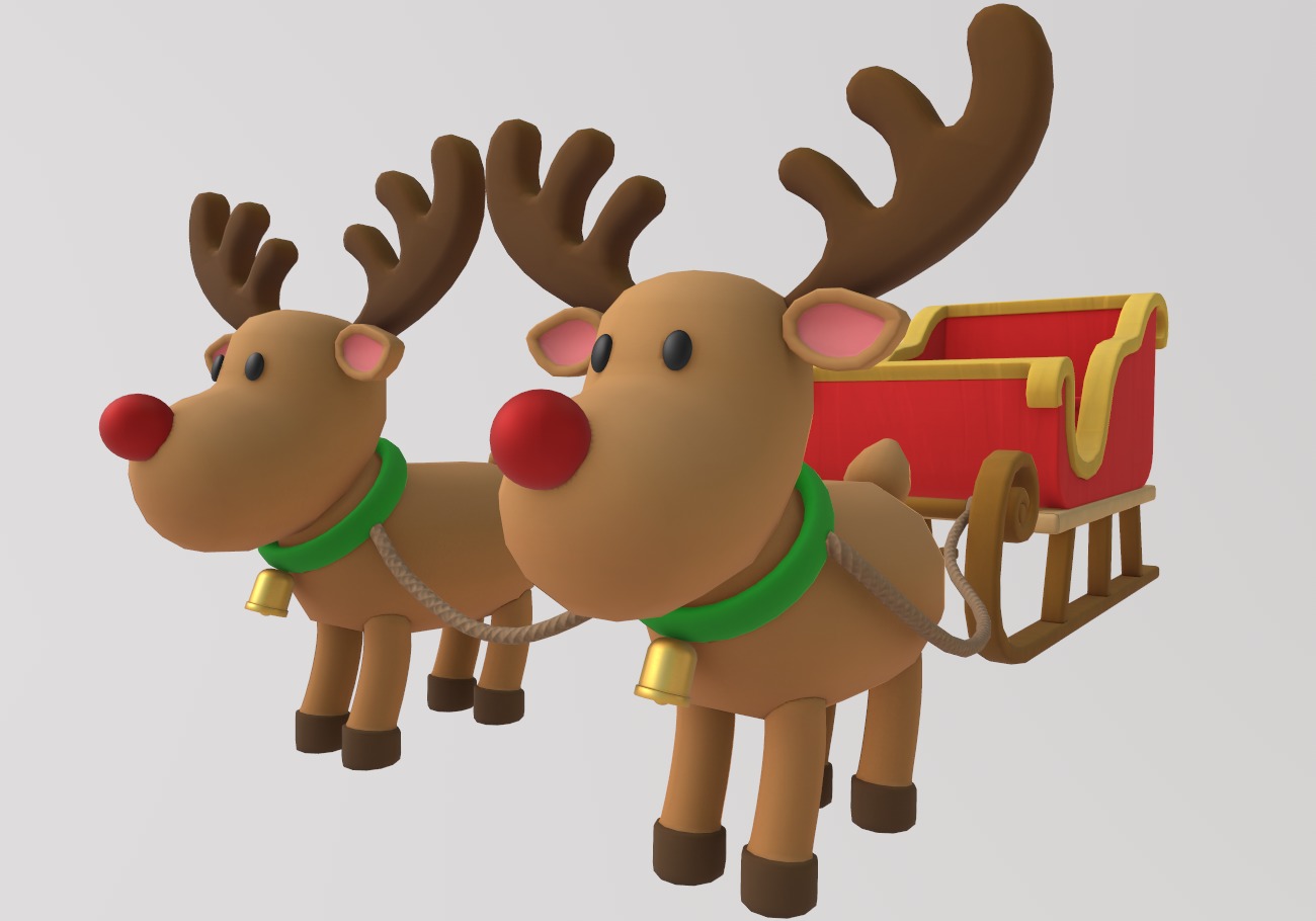 Stylized Christmas Sleigh and Reindeer Set 3D model_2