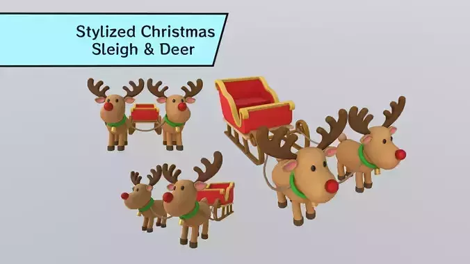 Stylized Christmas Sleigh and Reindeer Set 3D model