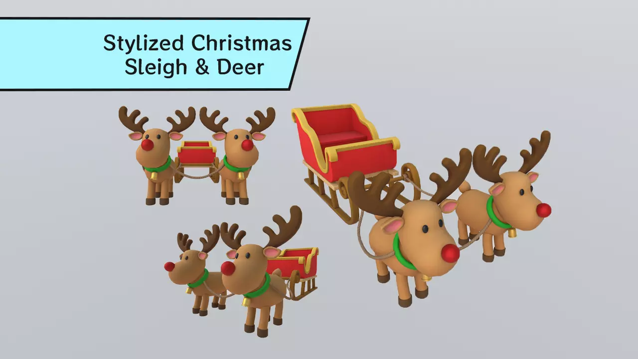 Stylized Christmas Sleigh and Reindeer Set 3D model_0
