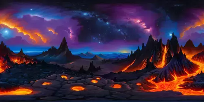 8K HDR Volcanic Terrain Under Cosmic Sky Background