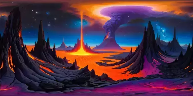 8K HDR Volcanic Terrain with Cosmic Sky Background