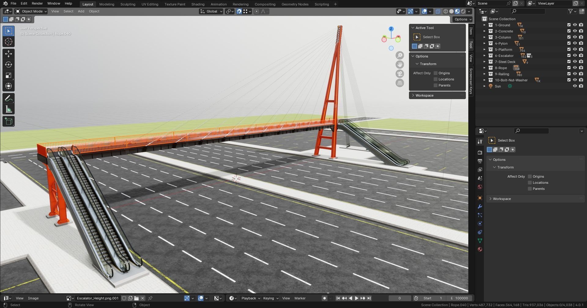 Rope Tension Pedestrian Overpass Escalator 3D model_45