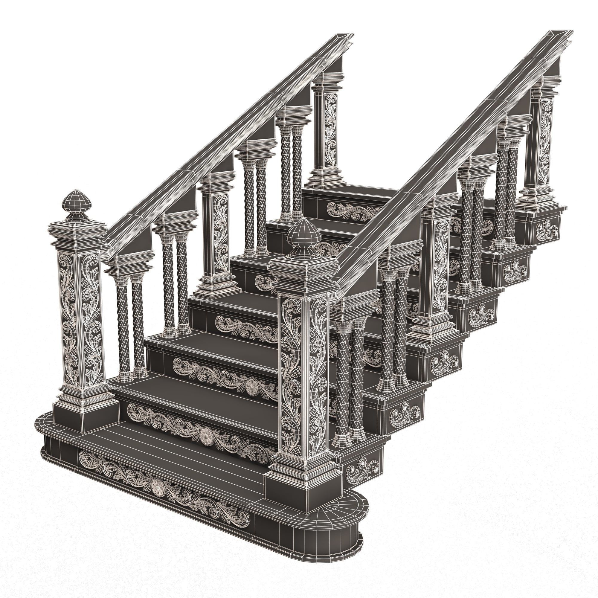 Carved Stairs Collection White Low-poly 3D model_38