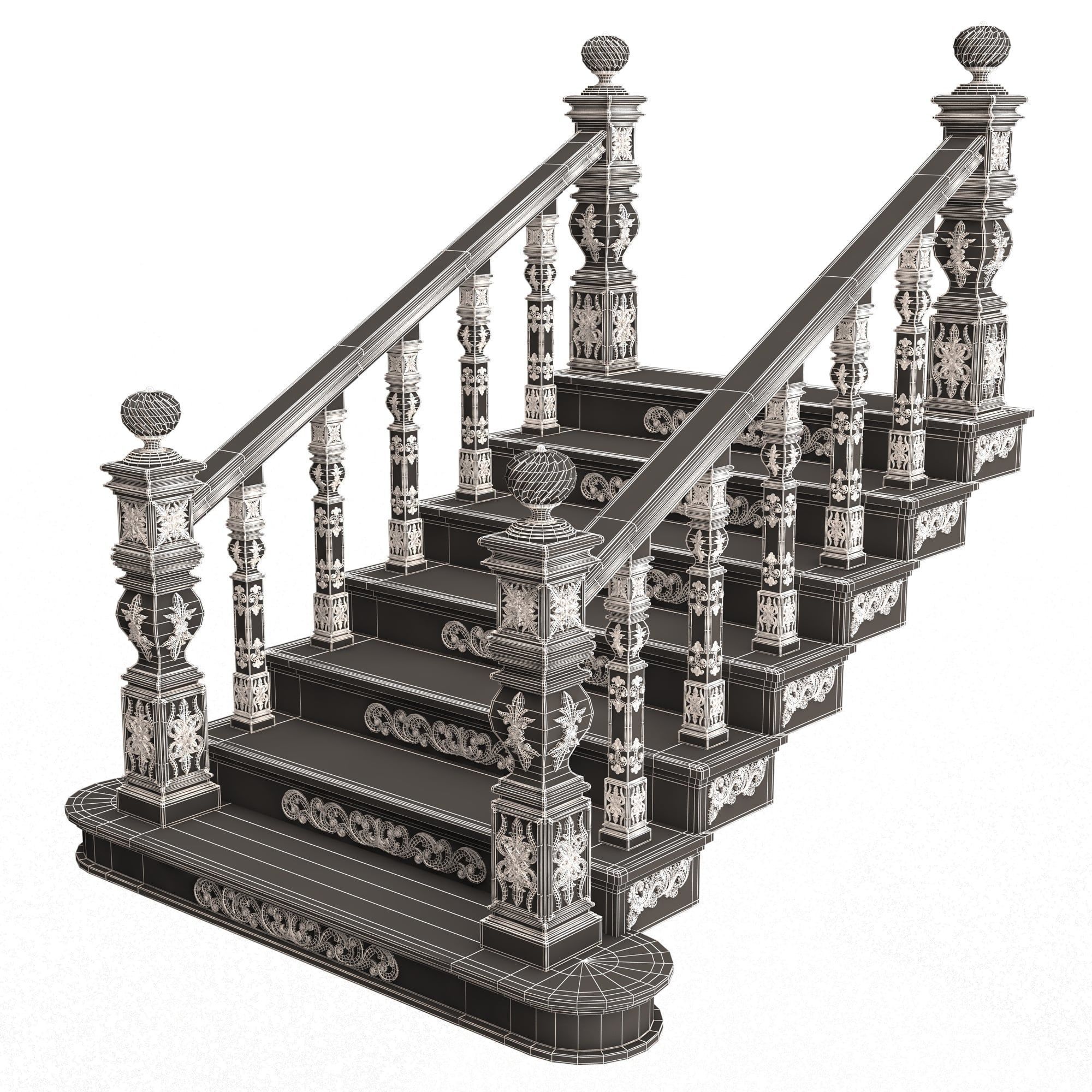 Carved Stairs Collection White Low-poly 3D model_40