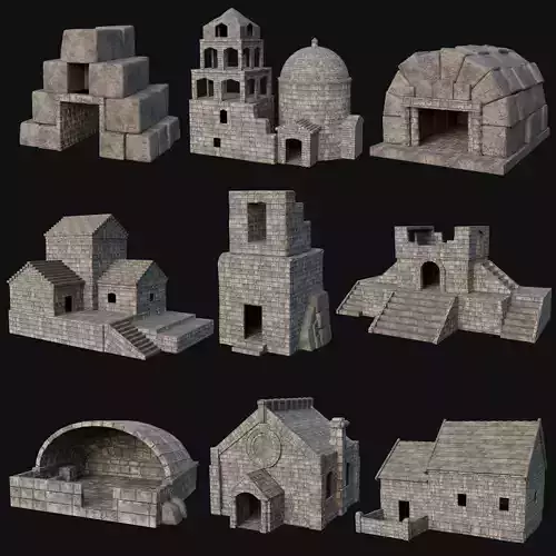 STONE BUILDING CONSTRUCTION HOUSE TEMPLE ANCIENT RUIN COLLECTION Low-poly 3D model