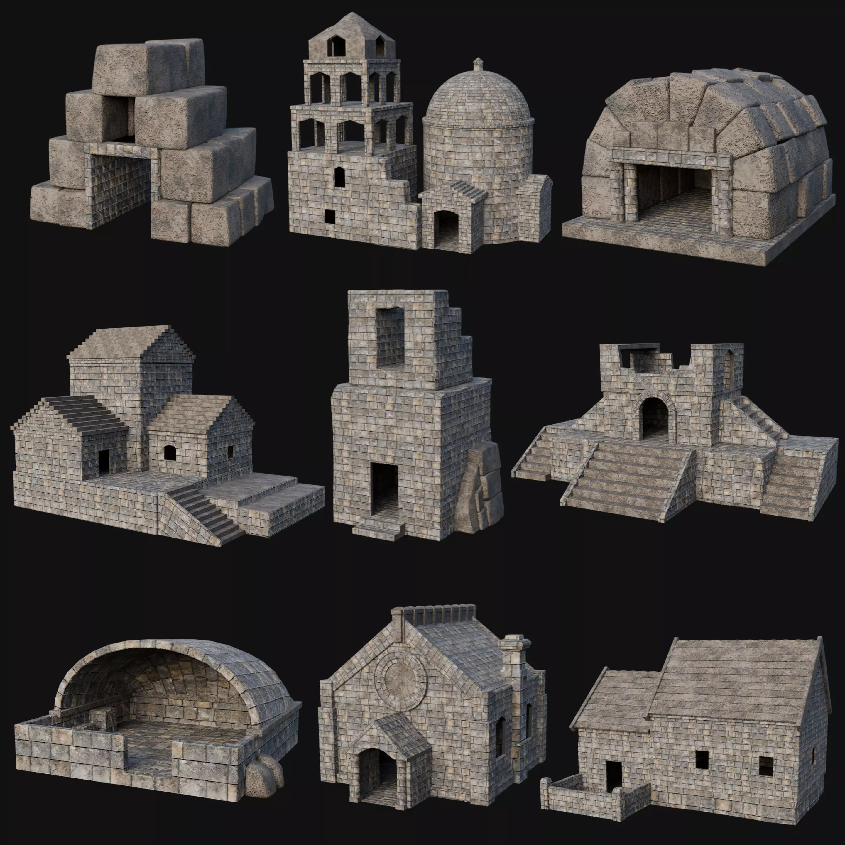 STONE BUILDING CONSTRUCTION HOUSE TEMPLE ANCIENT RUIN COLLECTION Low-poly 3D model