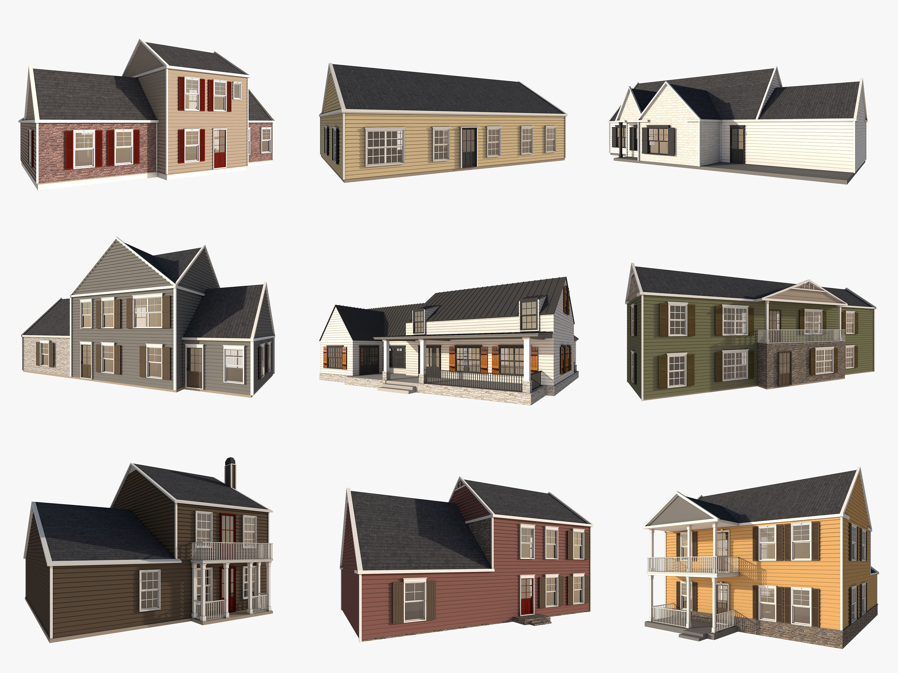 Classical American Houses Collection Low-poly 3D model_2