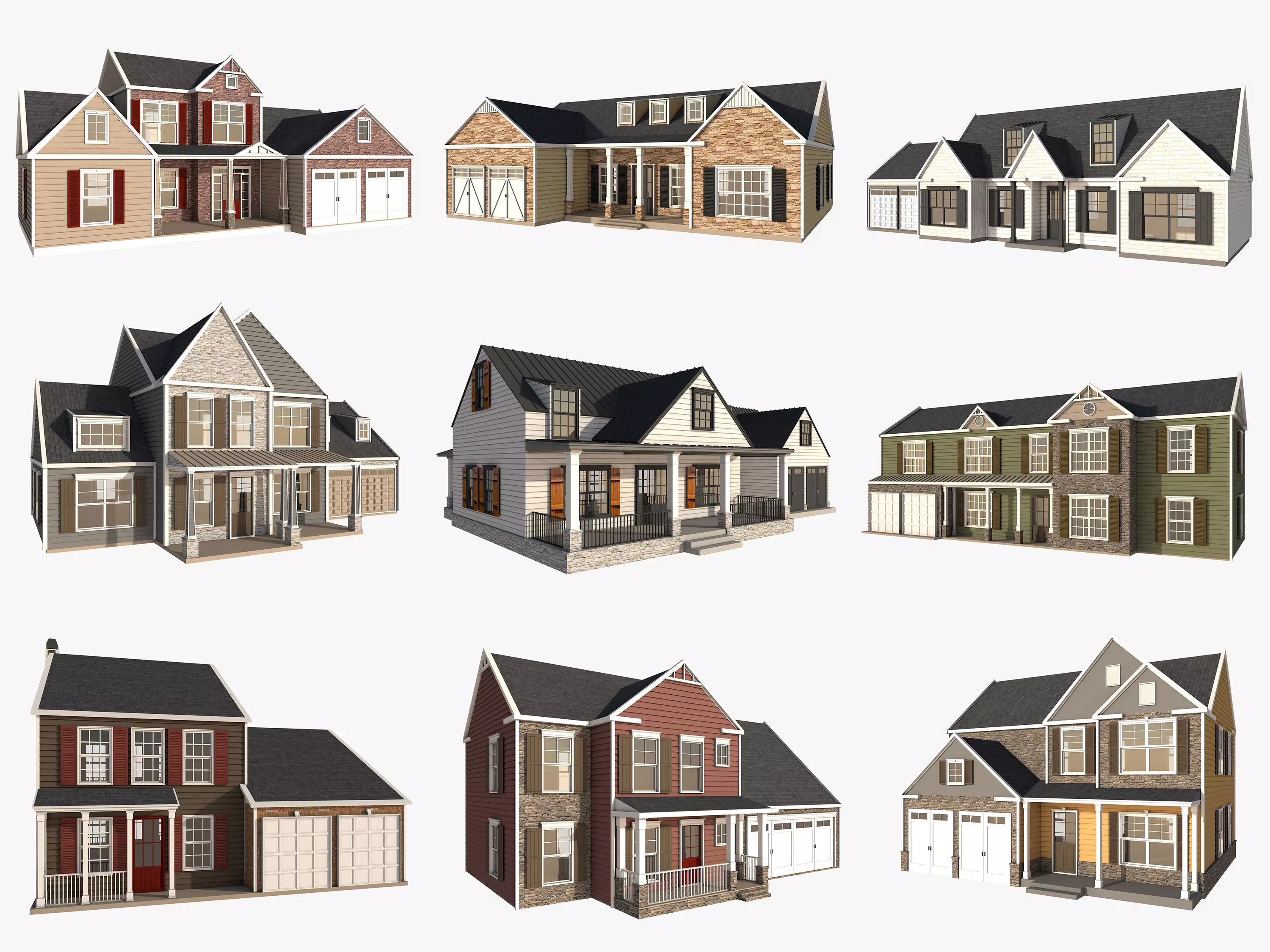 Classical American Houses Collection Low-poly 3D model_0
