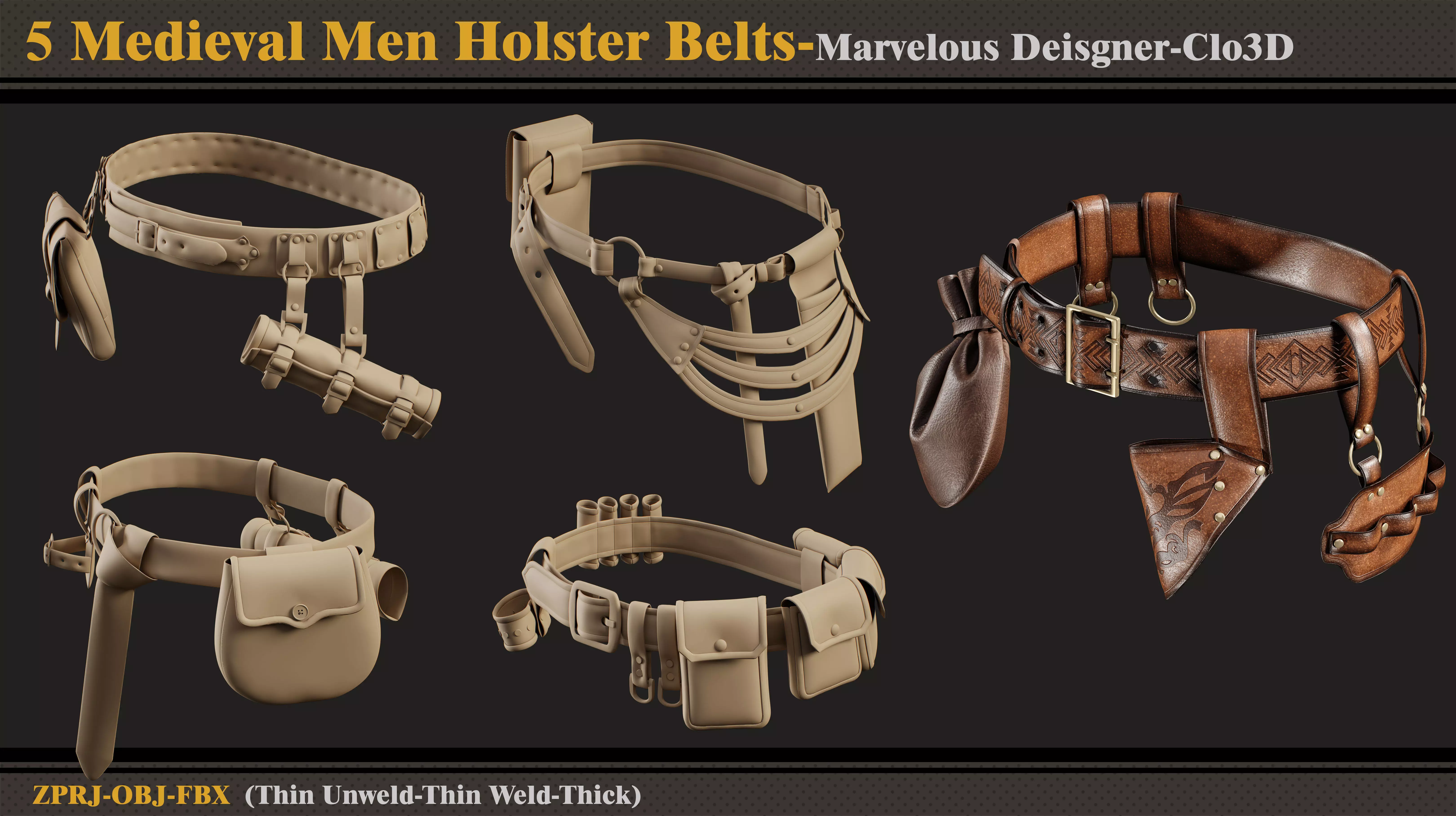 5 Medieval Men Holster Belts-MD-Clo3D-ZPRJ-FBX-OBJ 3D model