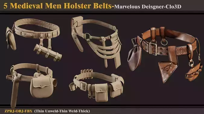 5 Medieval Men Holster Belts-MD-Clo3D-ZPRJ-FBX-OBJ 3D model