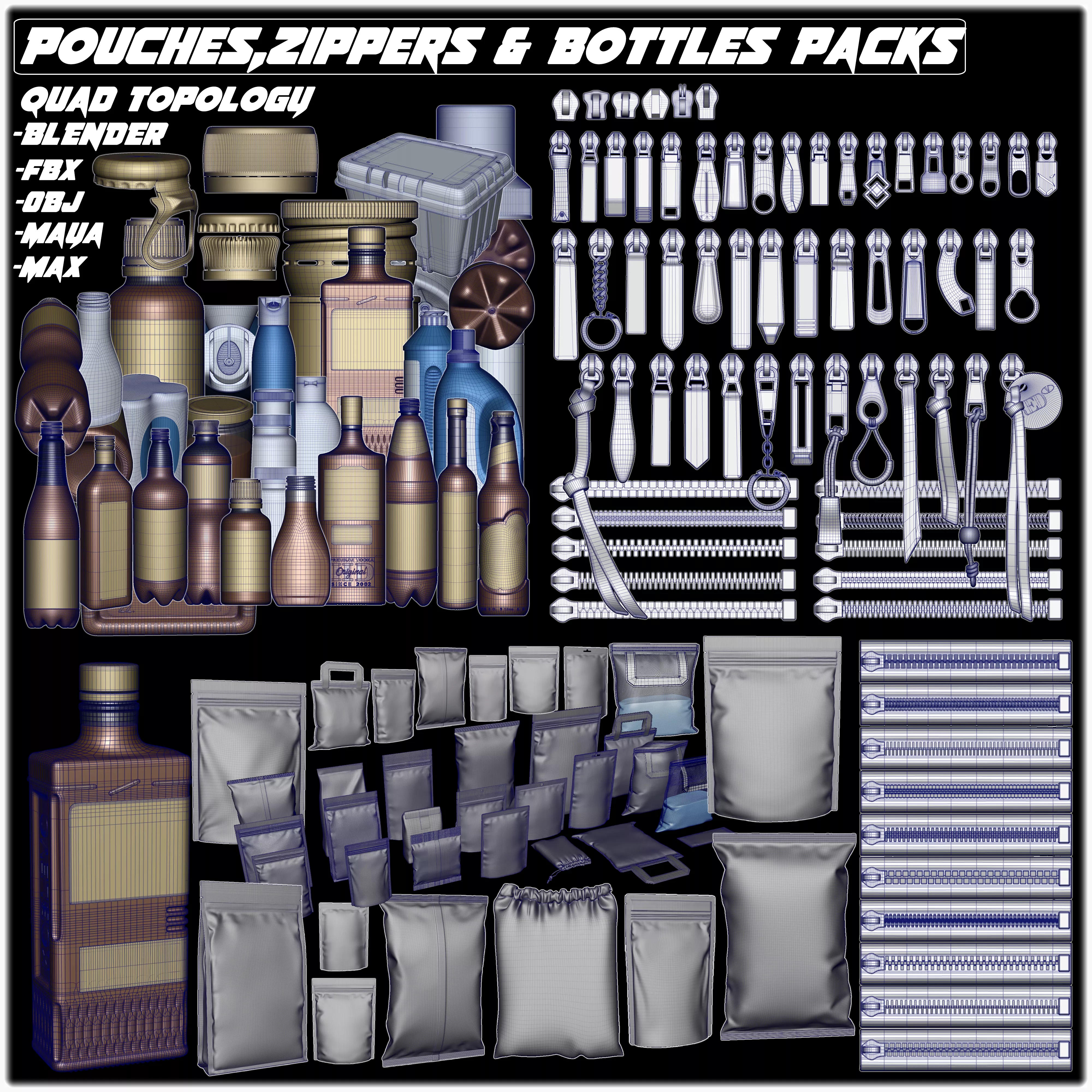 Bottles pouches and zippers pack