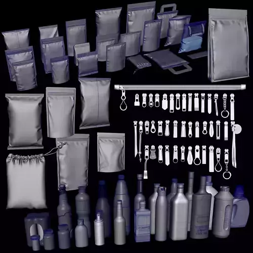 Bottles pouches and zippers pack 3D Model Collection