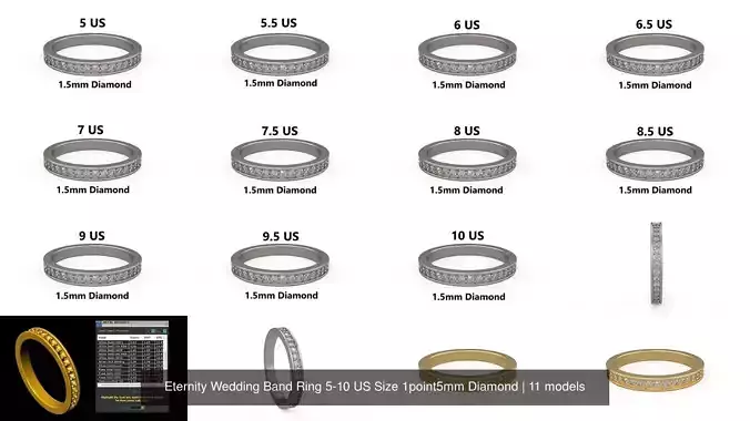 Eternity Wedding Band Ring 5-10 US Size 1point5mm Diamond