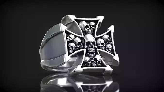 Maltese Heraldic Cross Skull Heads Biker Ring