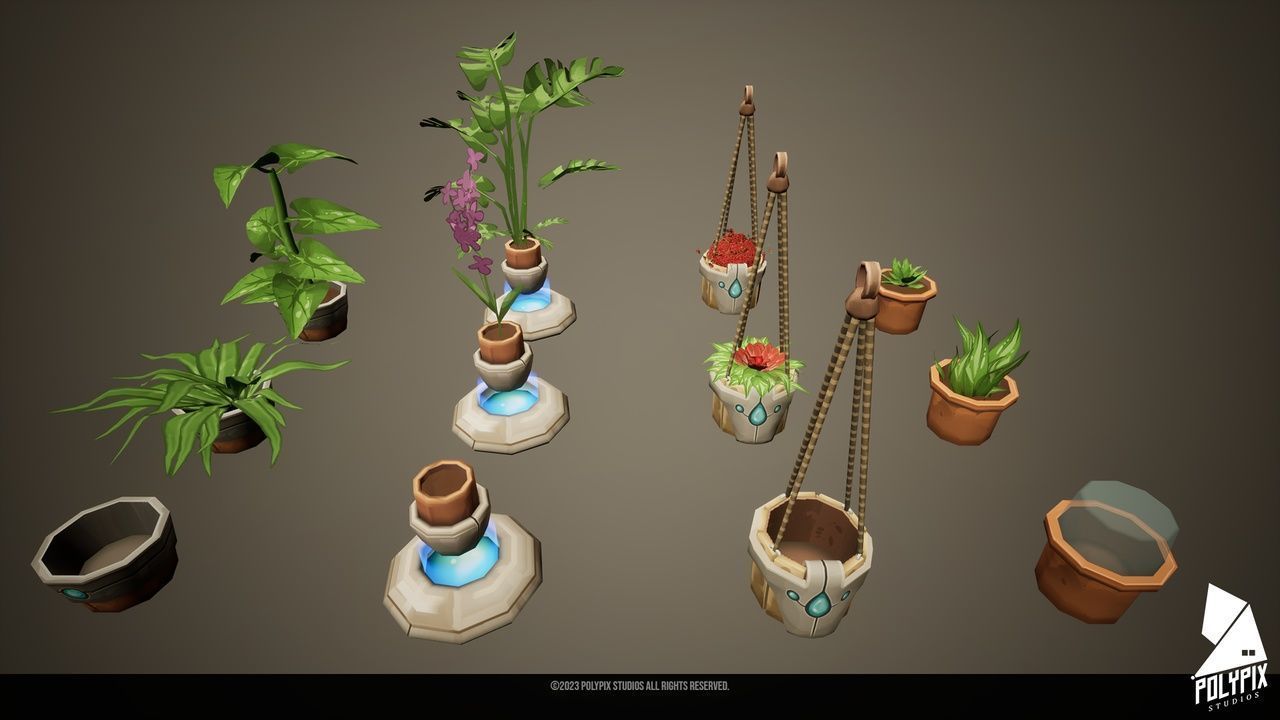 Stylized Solar Punk Pots Low-poly 3D model_1