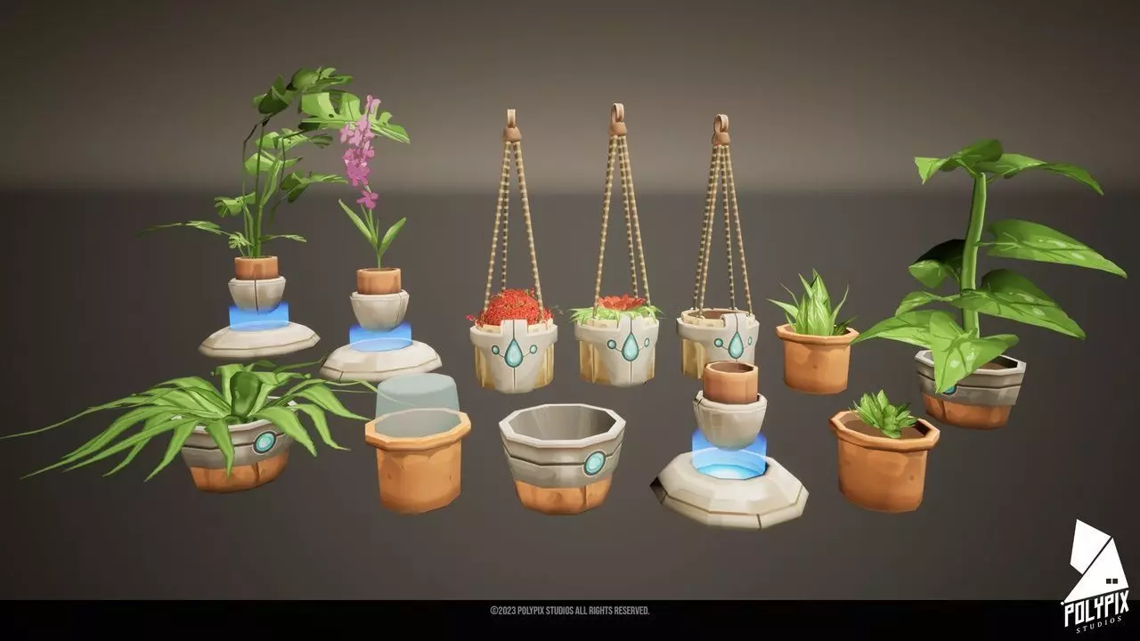 Stylized Solar Punk Pots Low-poly 3D model_0