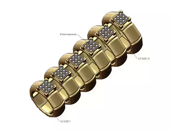 Square diamond cluster segmented dome ring US sizes 7to12 3D print model