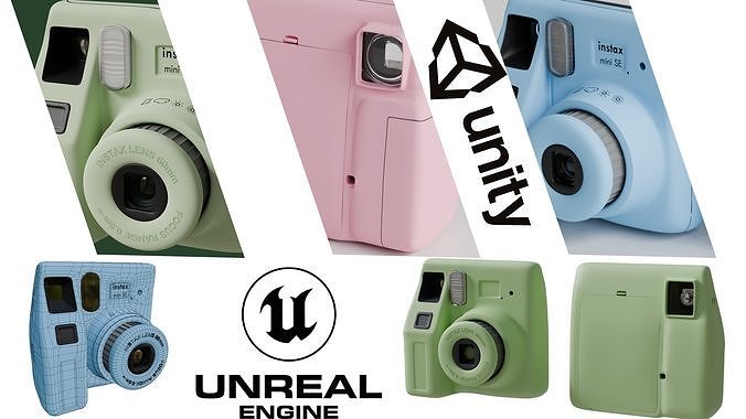Low Poly Instax Mini SE Camera - Game Ready PBR 3 Colors Low-poly 3D model