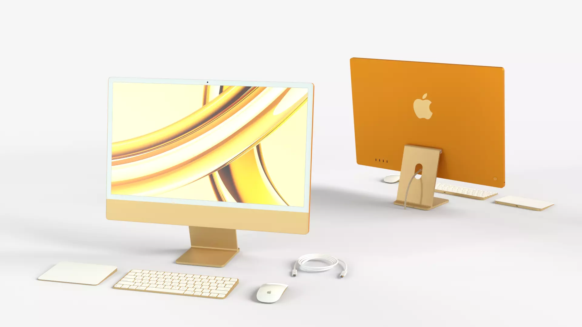 Apple IMac Yellow with Keyboard Mouse and Trackpad 3D model_0